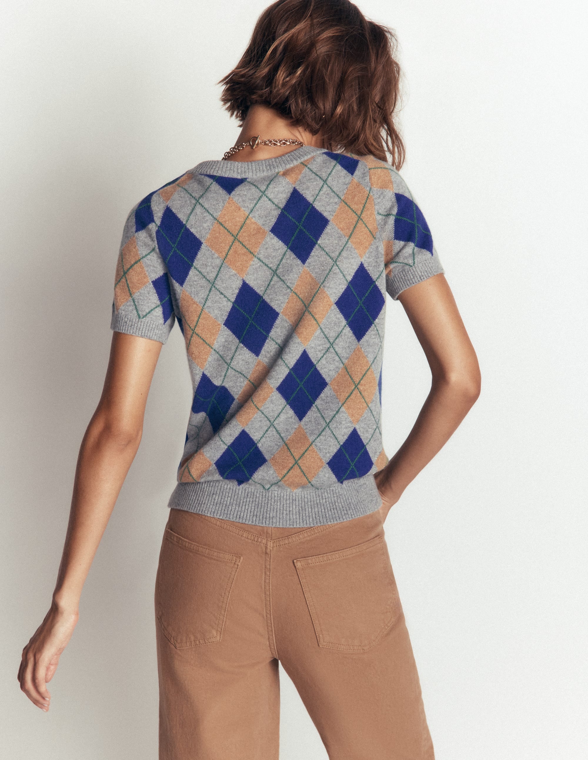 Elsie Cashmere Crew T-shirt-Grey, Argyle - Image 3