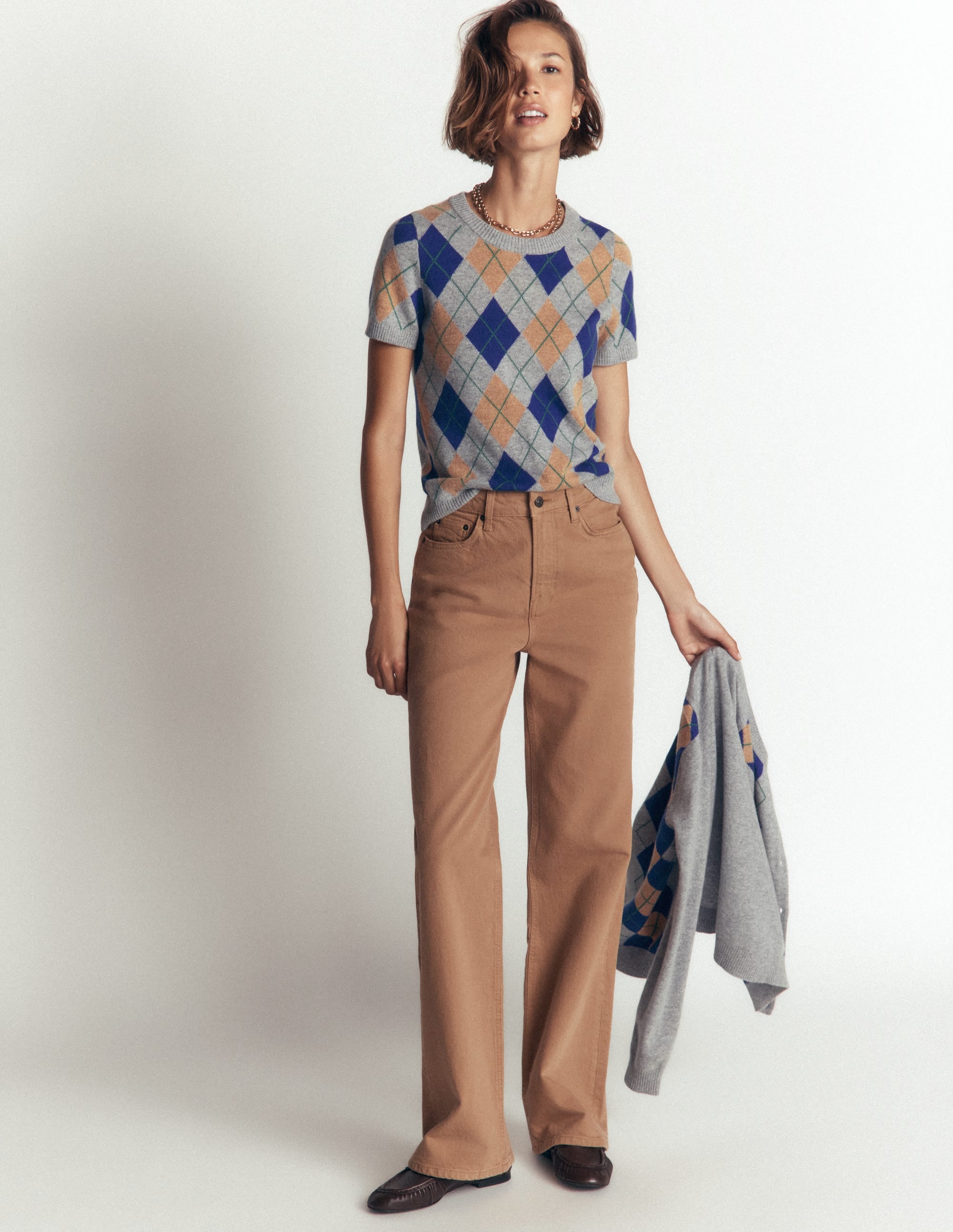 Elsie Cashmere Crew T-shirt-Grey, Argyle - Image 4
