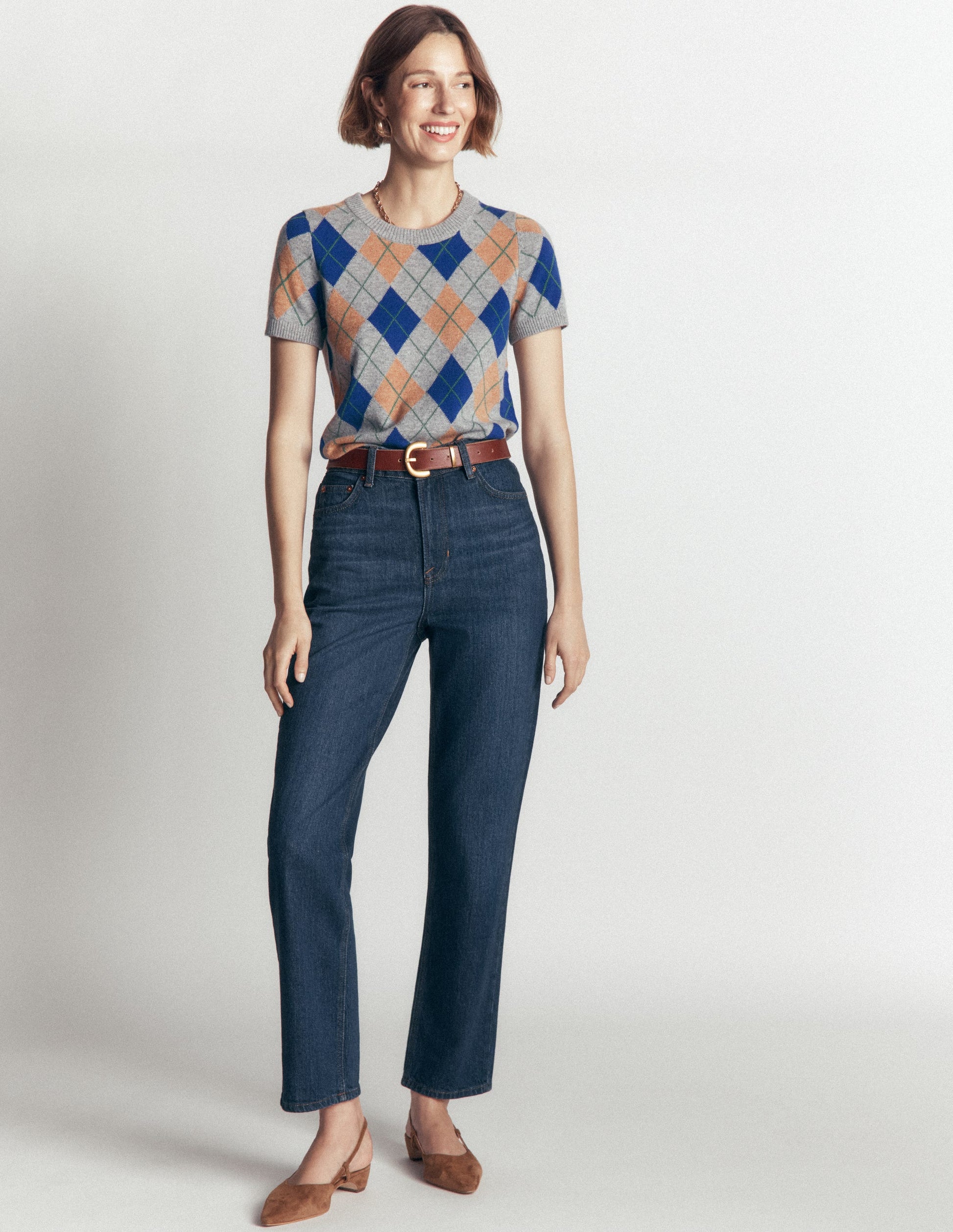 Elsie Cashmere Crew T-shirt-Grey, Argyle-7
