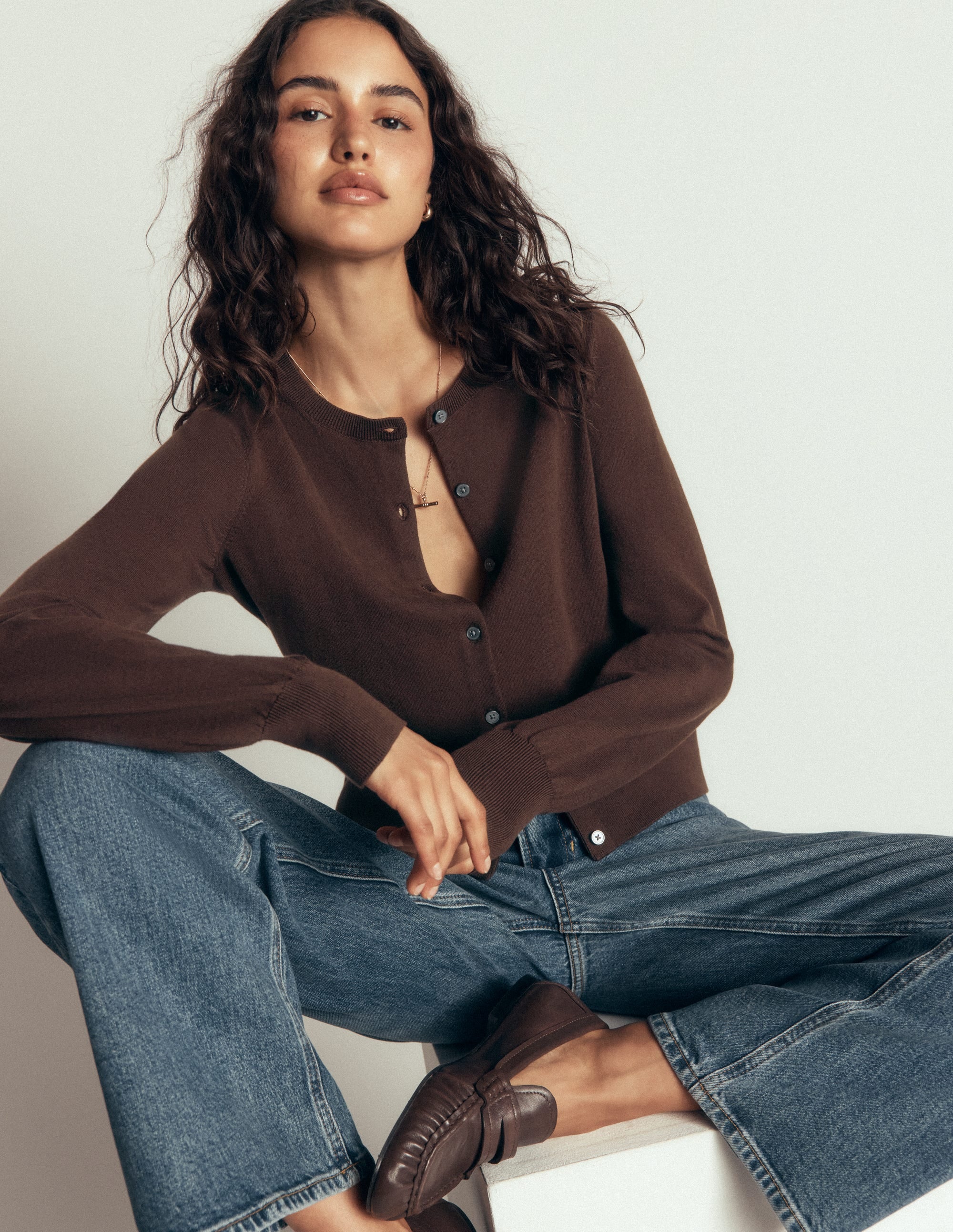 Camilla Cotton Crew Cardigan-Bitter Chocolate - Image 1