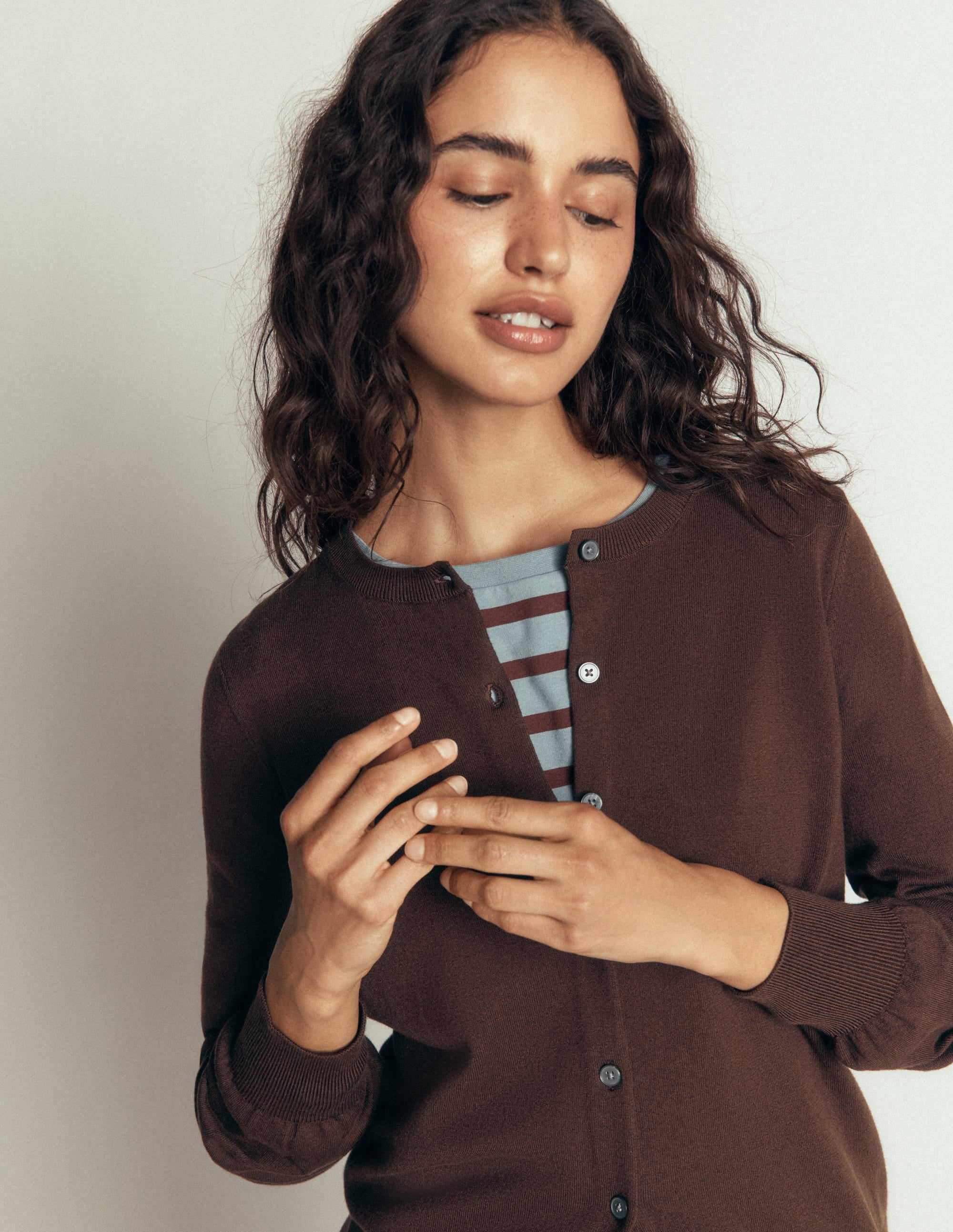 Camilla Cotton Crew Cardigan-Bitter Chocolate - Image 2