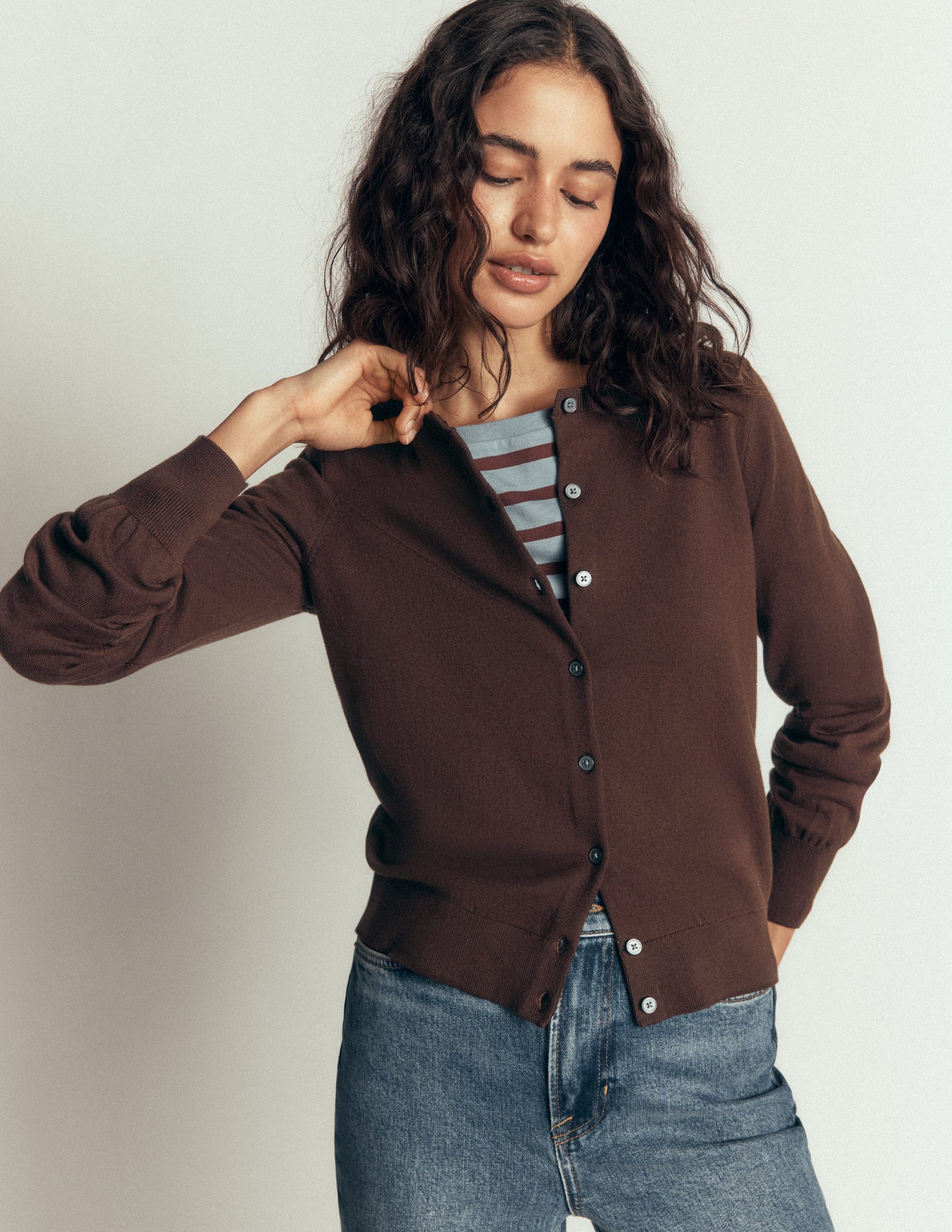 Camilla Cotton Crew Cardigan-Bitter Chocolate-5