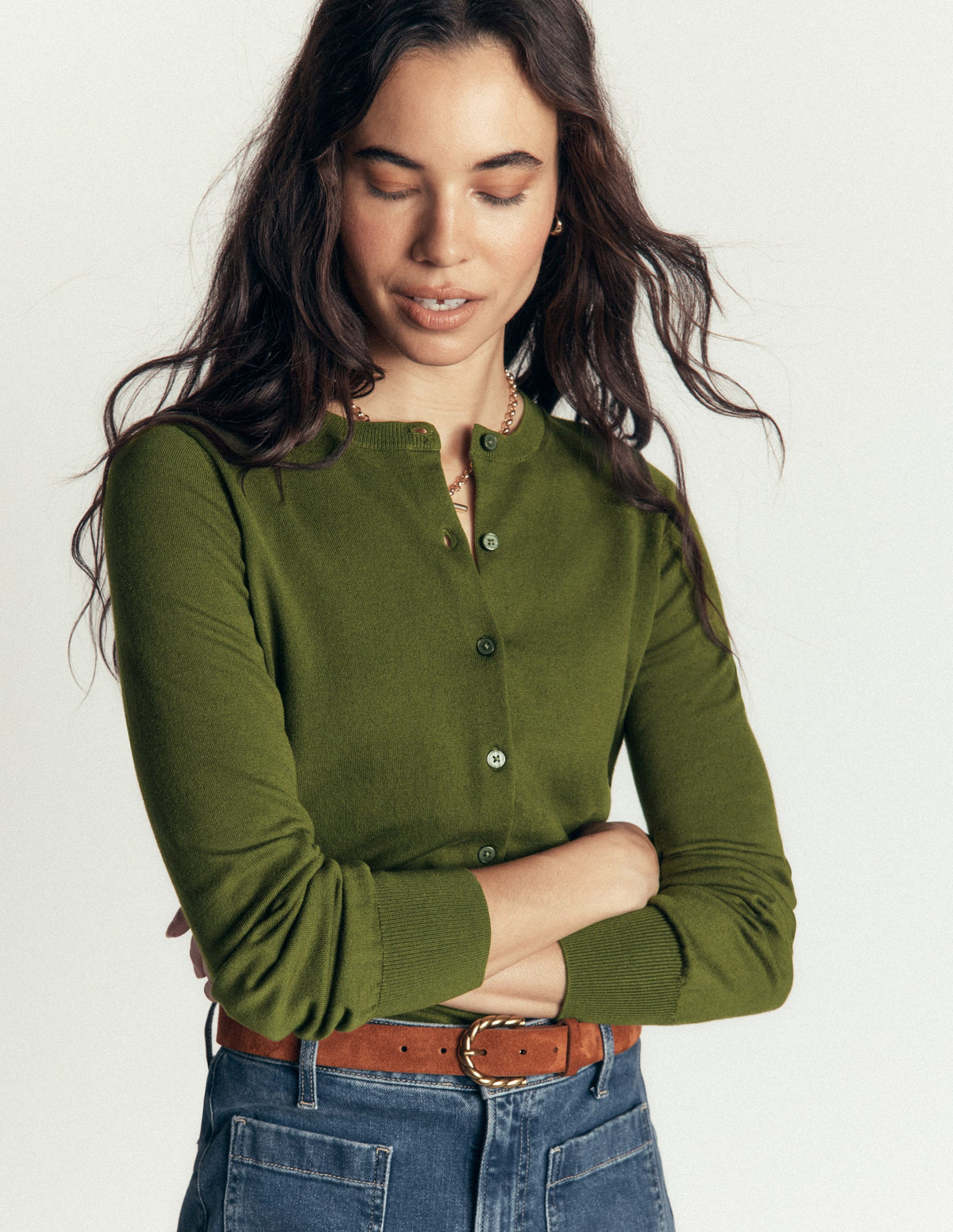 Camilla Cotton Crew Cardigan-Forest Green - Image 5