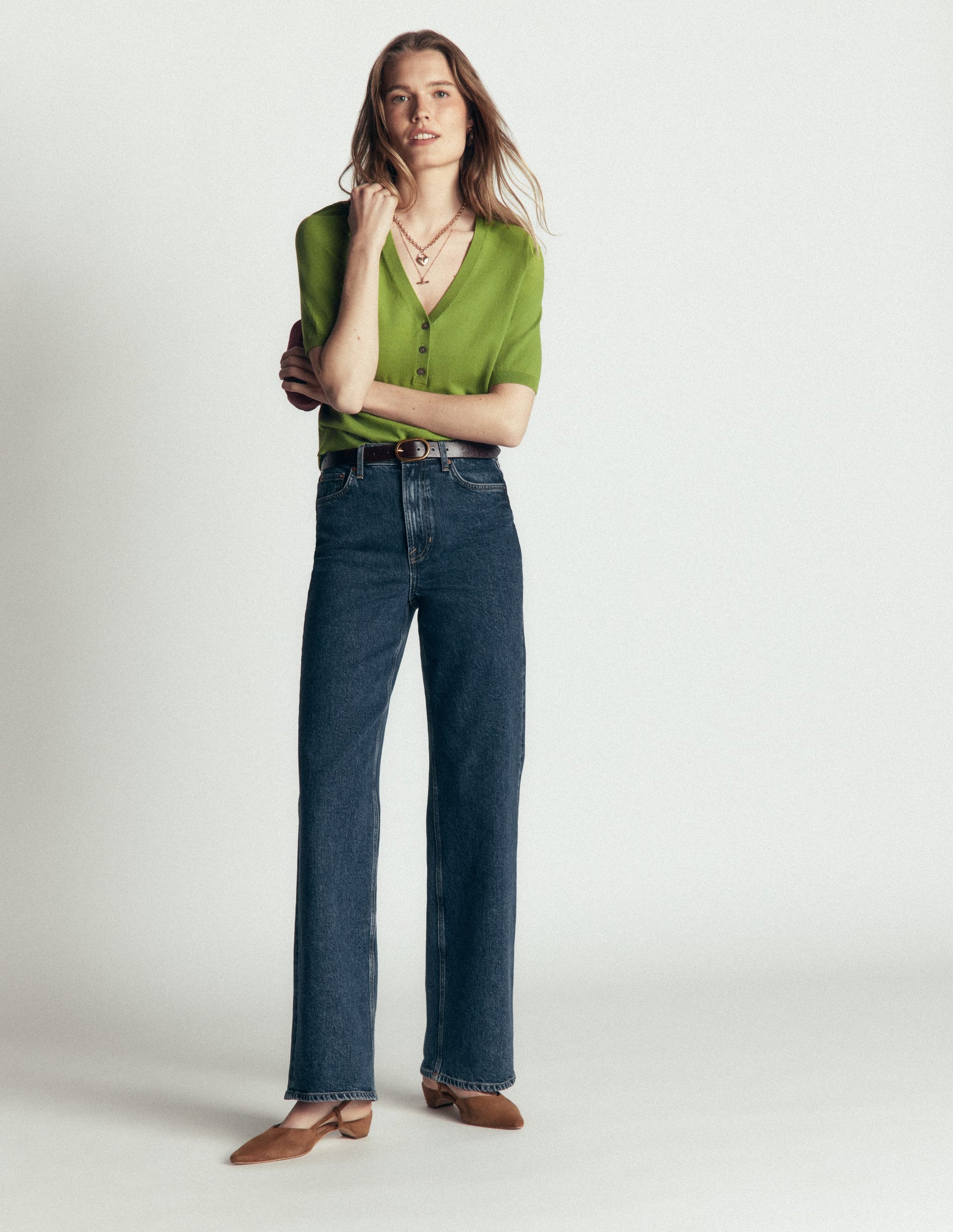 Camilla Cotton V-neck T-shirt-Laurel Green-3