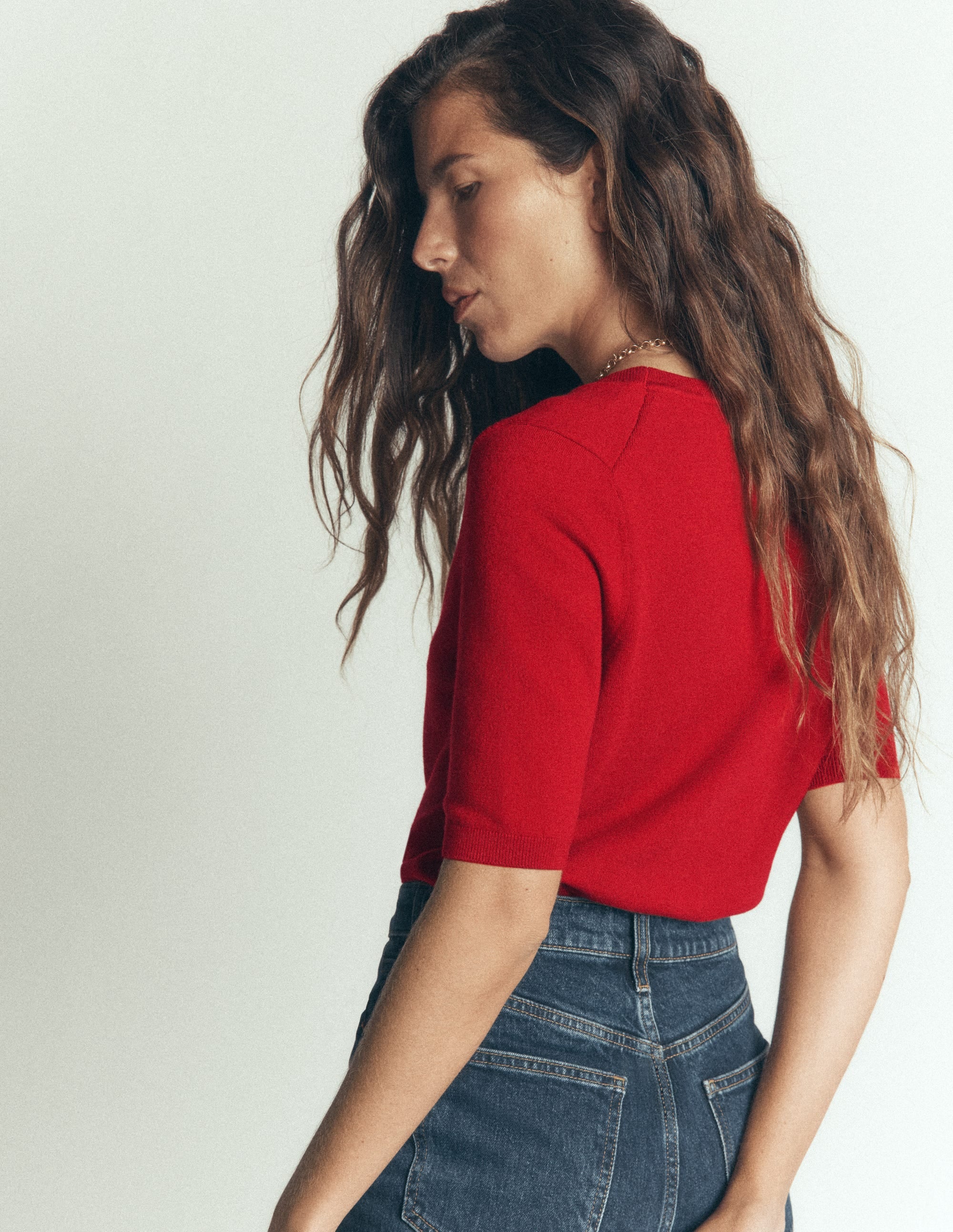 Camilla Cotton V-neck T-shirt-Crimson Red - Image 3