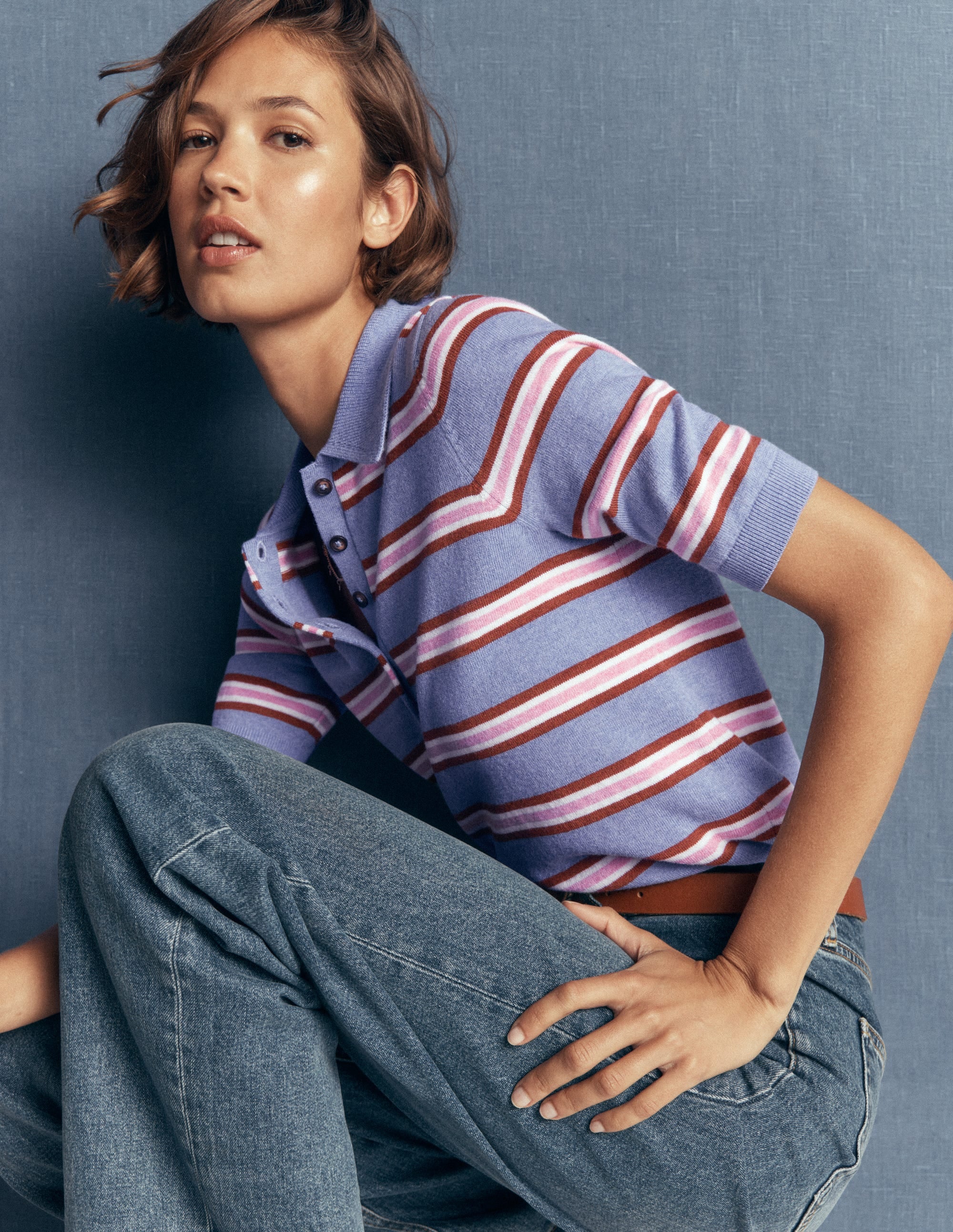 Collared Knitted T-shirt-Blue Aura, Stripe - Image 2