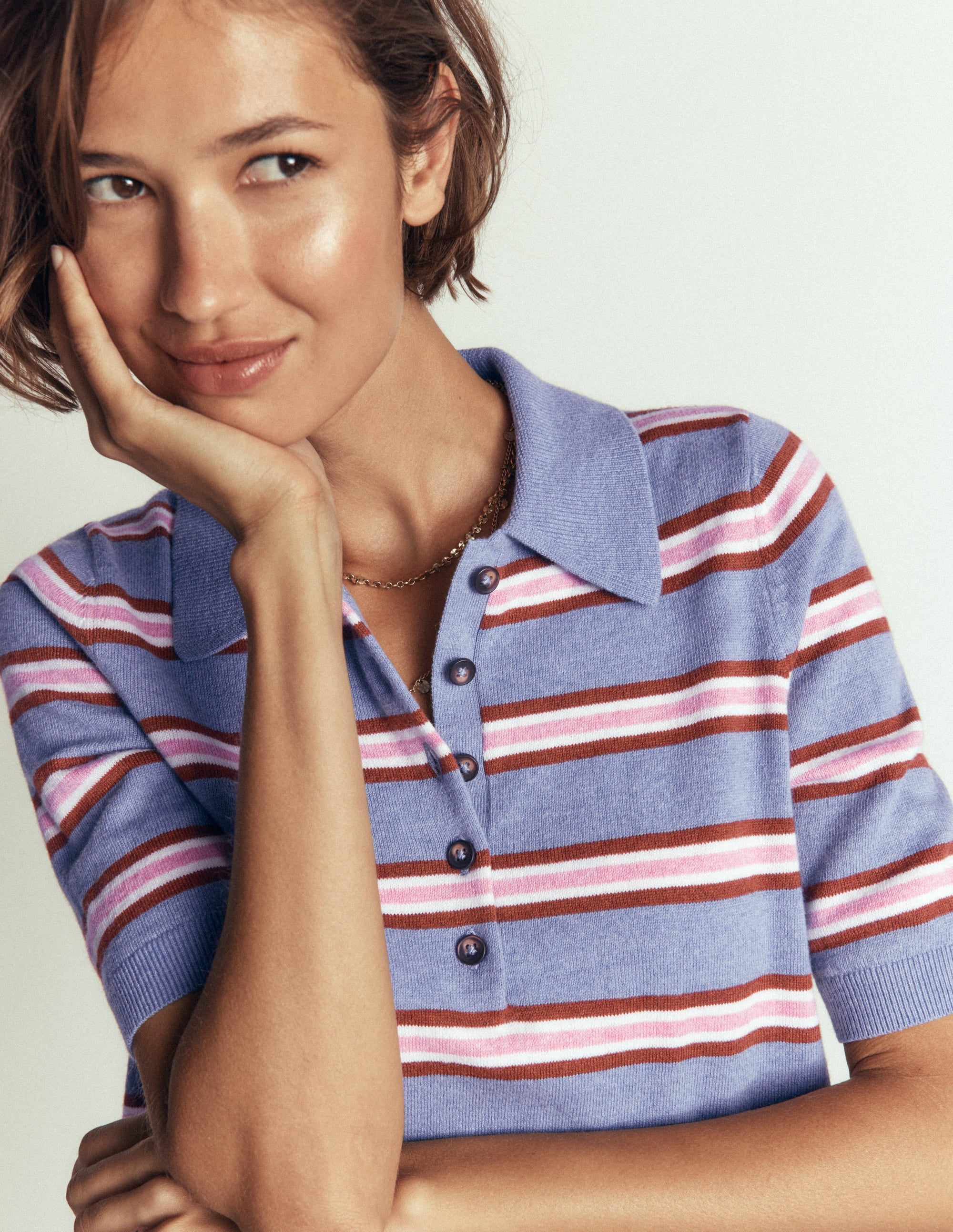 Collared Knitted T-shirt-Blue Aura, Stripe - Image 3