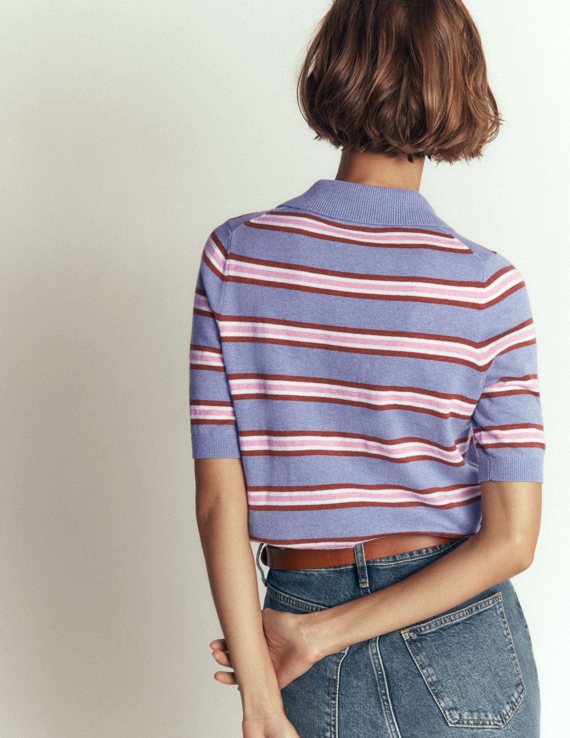 Collared Knitted T-shirt-Blue Aura, Stripe - Image 4