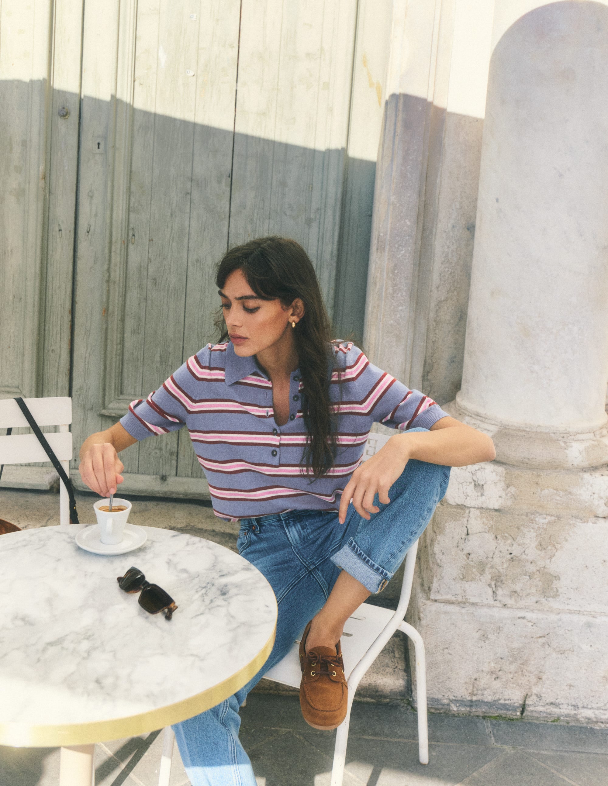 Collared Knitted T-shirt-Blue Aura, Stripe - Image 1