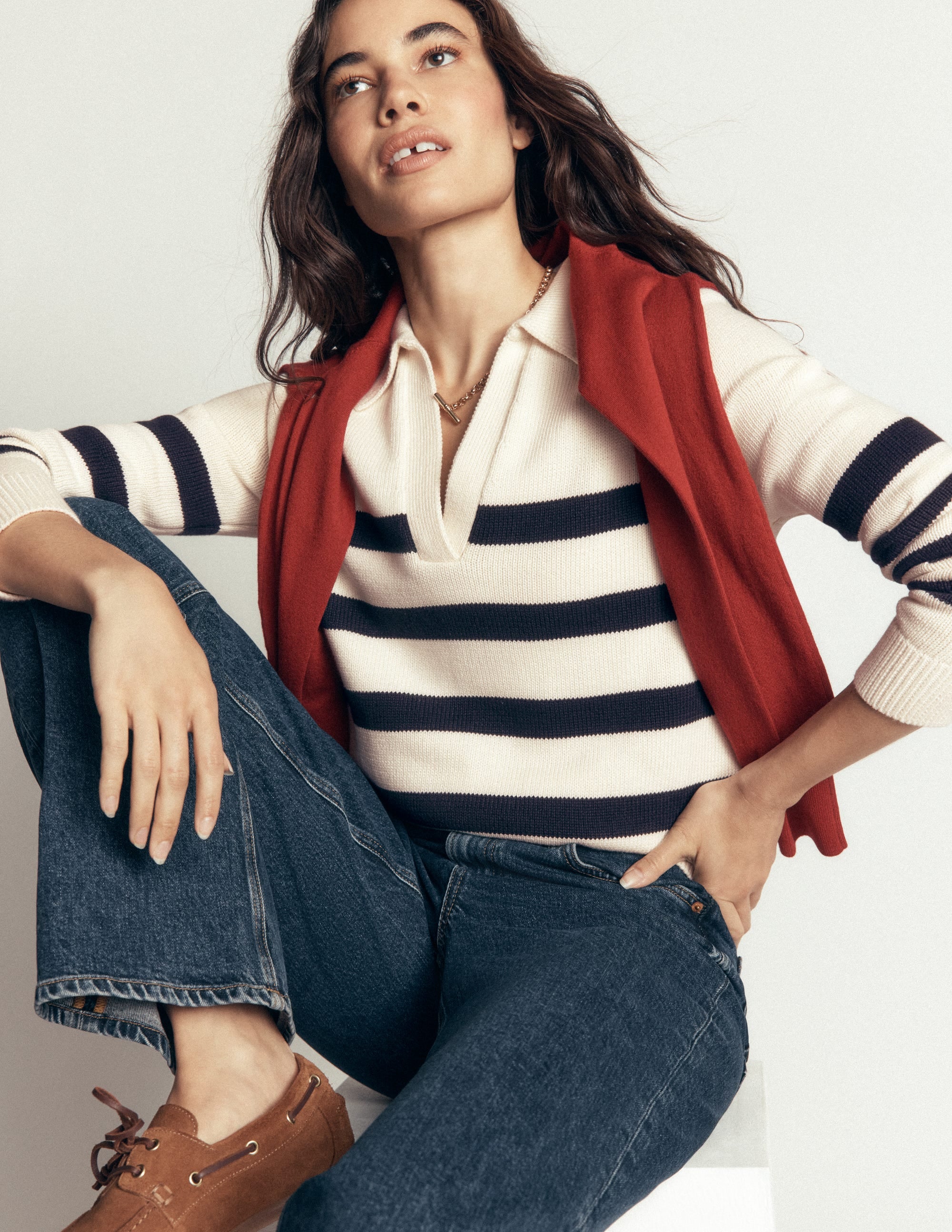 Lucy Cotton Henley Sweater-Ivory, Navy Stripe - Image 1