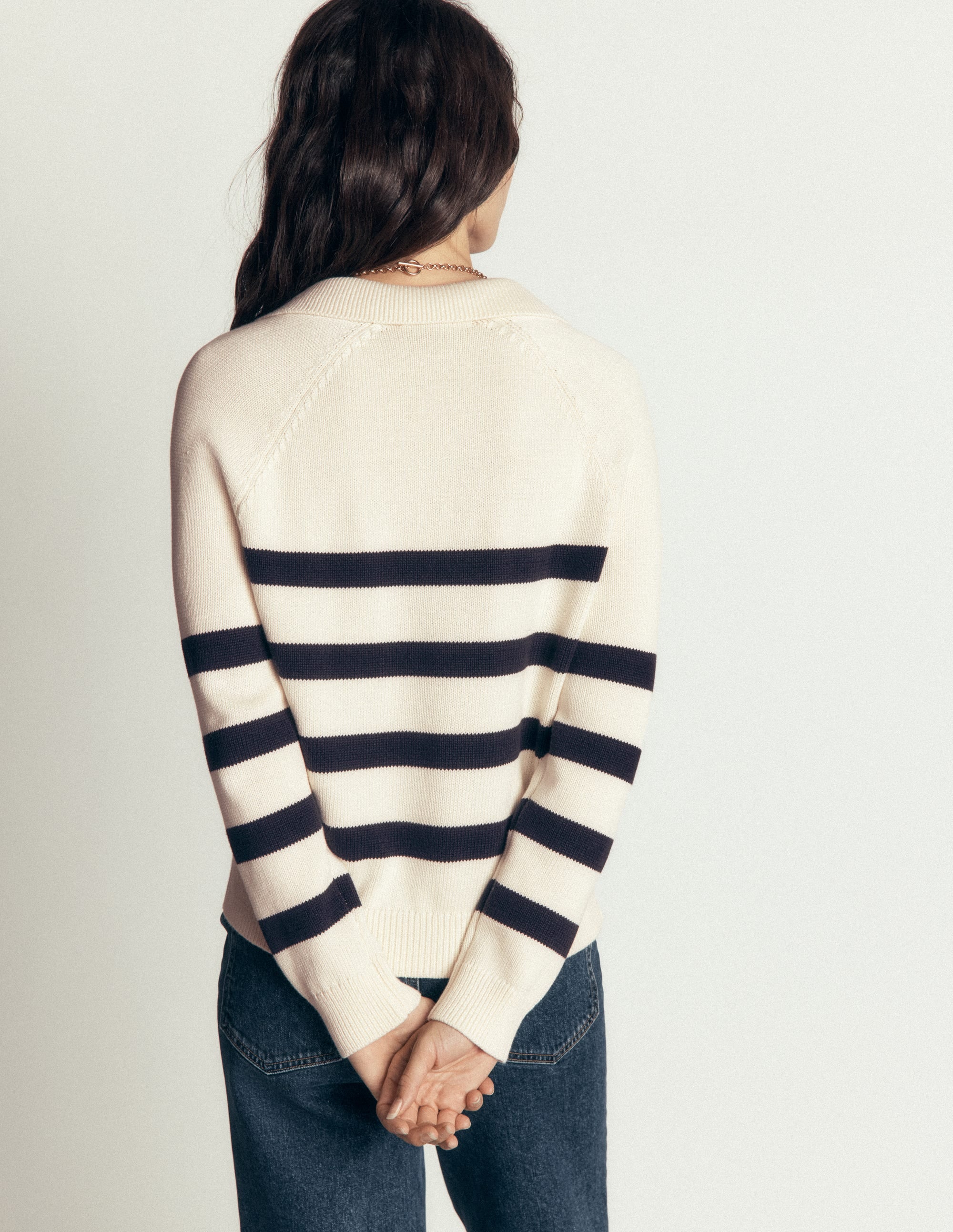 Lucy Cotton Henley Sweater-Ivory, Navy Stripe - Image 3
