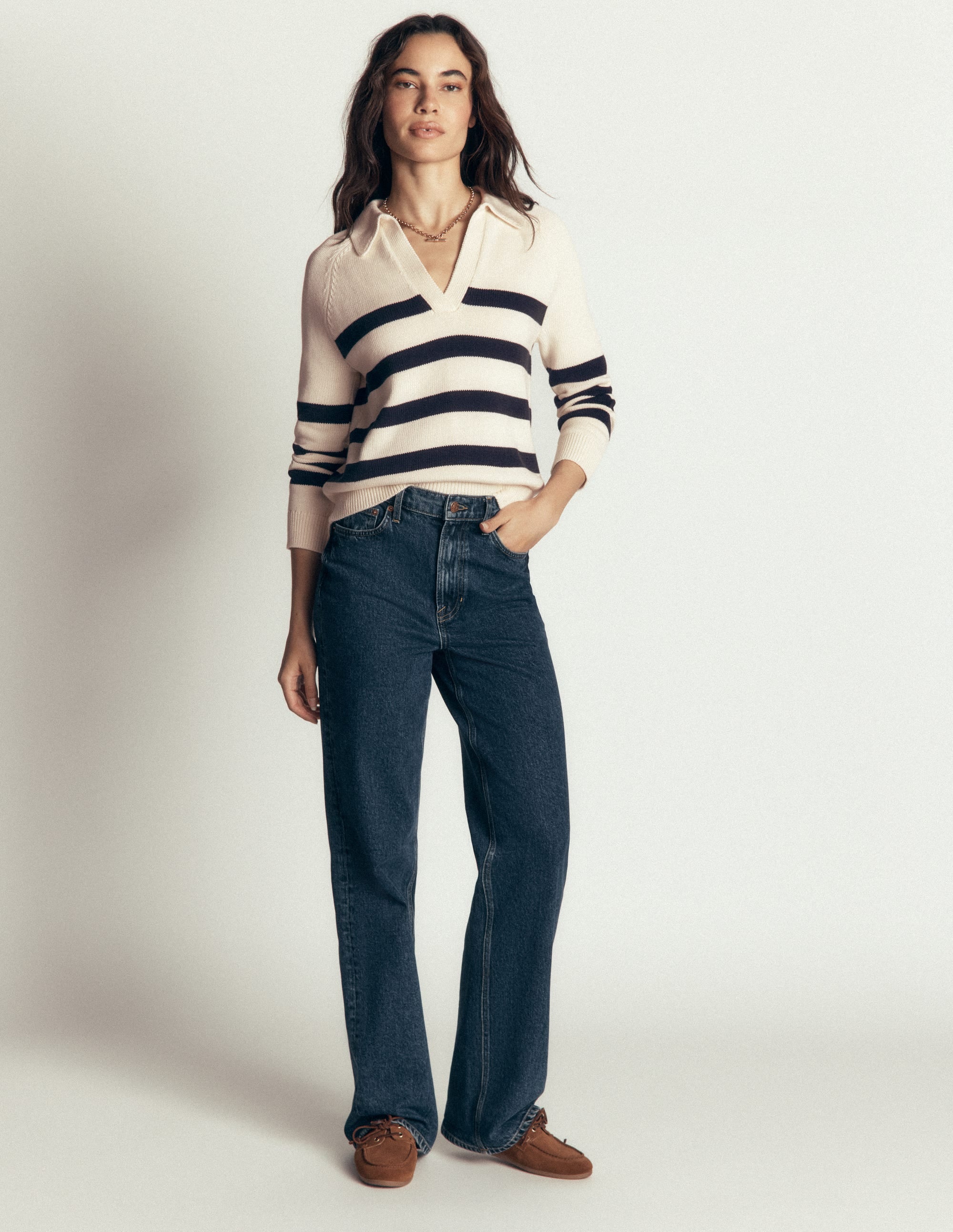 Lucy Cotton Henley Sweater-Ivory, Navy Stripe - Image 4