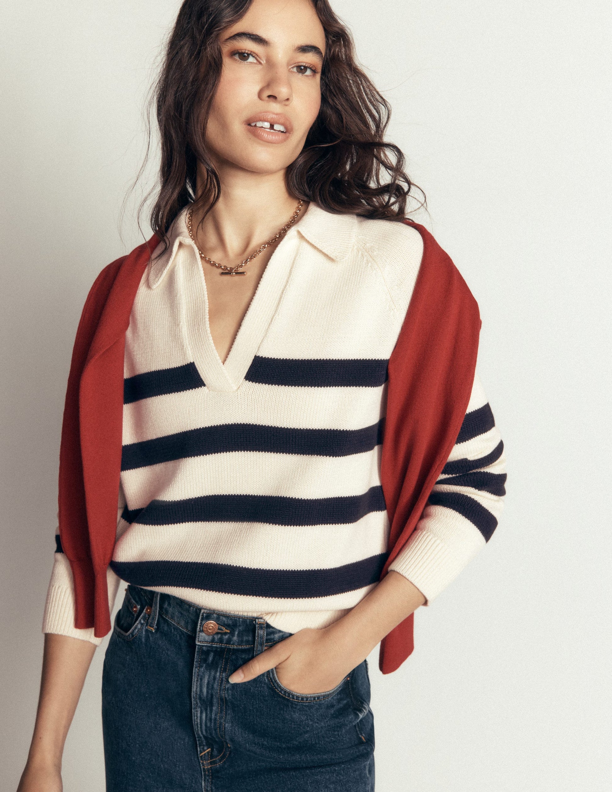 Lucy Cotton Henley Sweater-Ivory, Navy Stripe-5