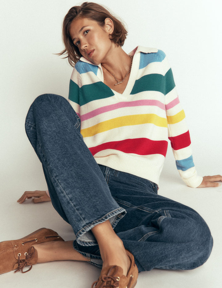 Lucy Cotton Henley Sweater-Multi Stripe