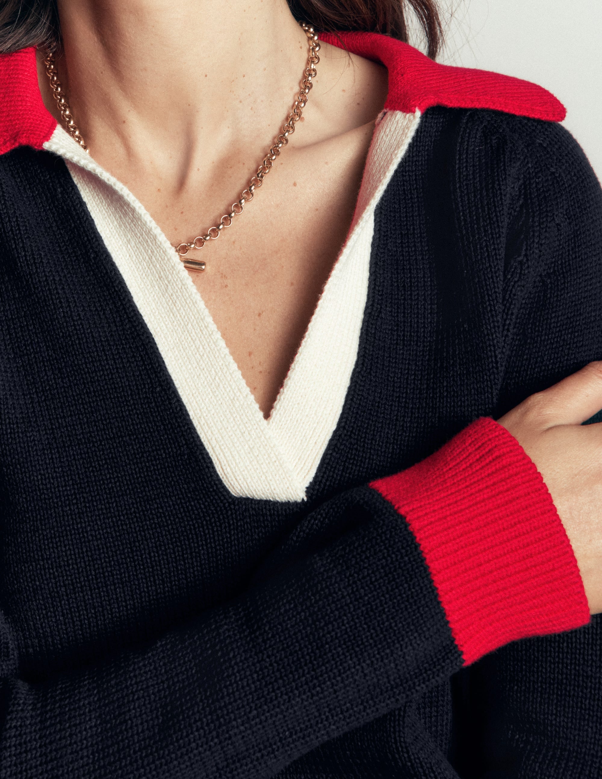 Lucy Cotton Henley Sweater-Navy Colourblock - Image 2