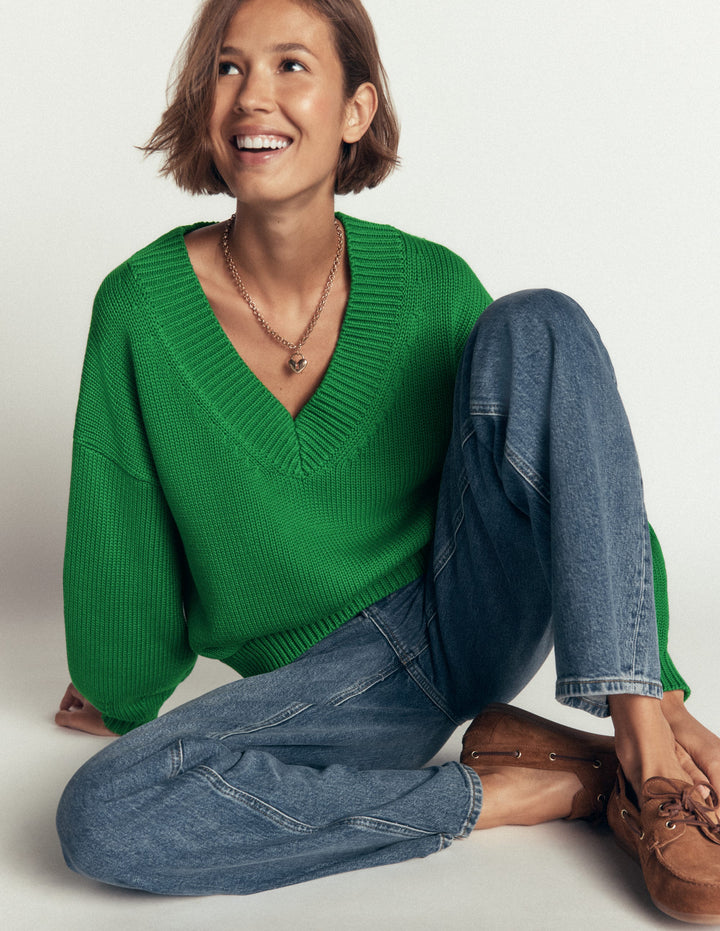 Lucy Cotton V-neck Sweater-Highland Green