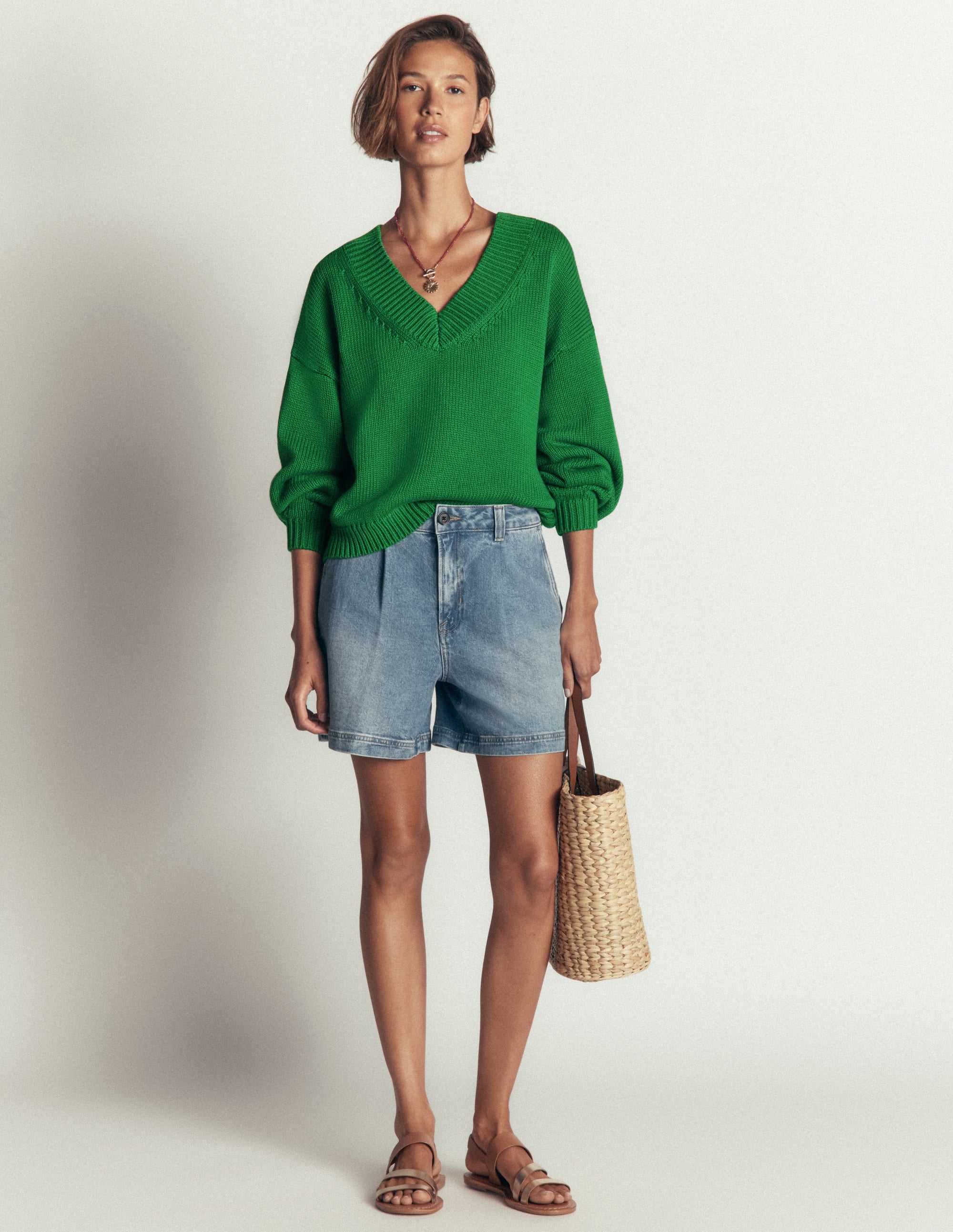 Lucy Cotton V-neck Sweater-Highland Green - Image 6
