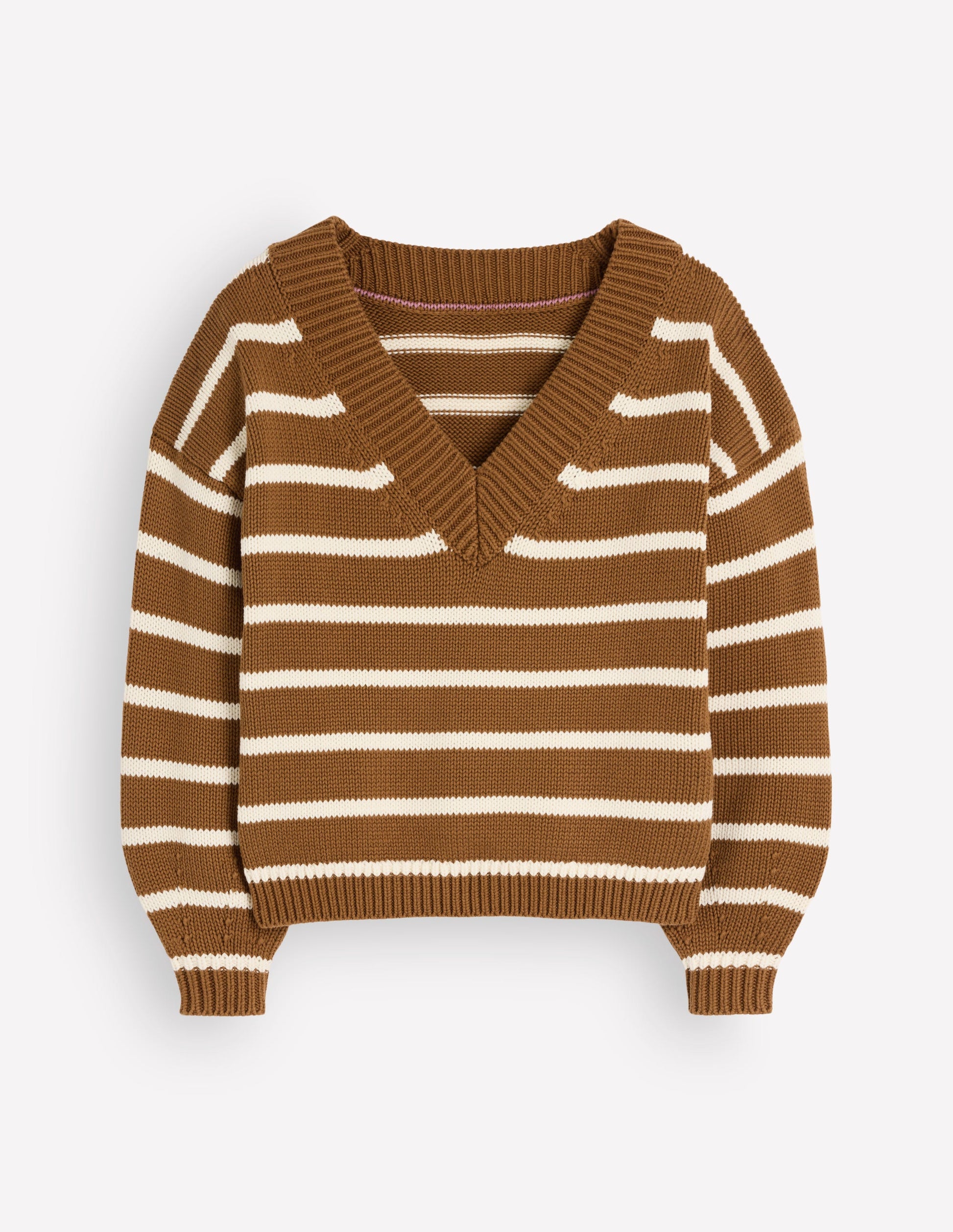 Lucy Cotton V-neck Sweater-Gingerbread, Ivory-8