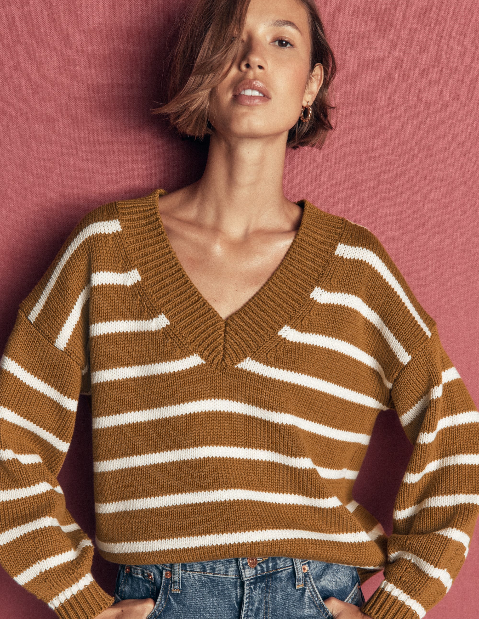 Lucy Cotton V-neck Sweater-Gingerbread, Ivory - Image 1