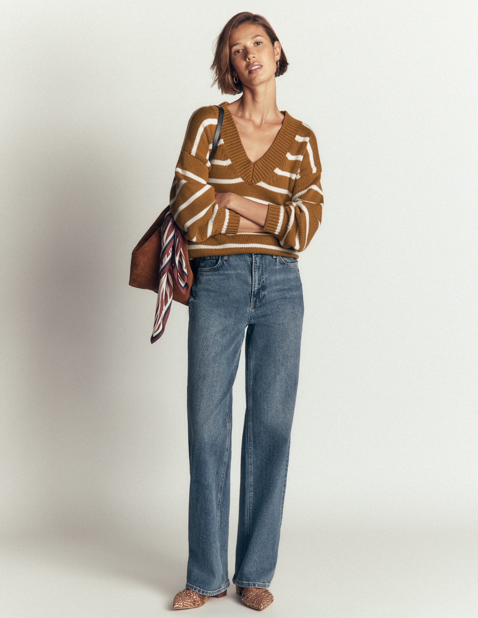 Lucy Cotton V-neck Sweater-Gingerbread, Ivory-4