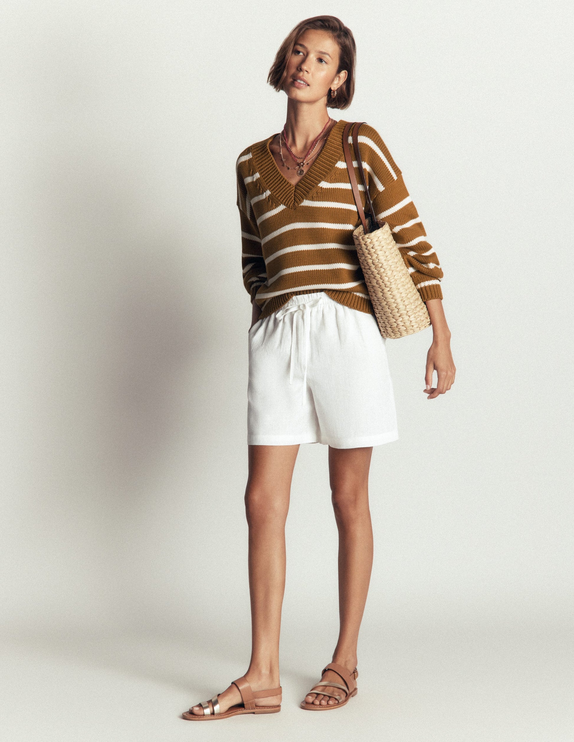 Lucy Cotton V-neck Sweater-Gingerbread, Ivory-7