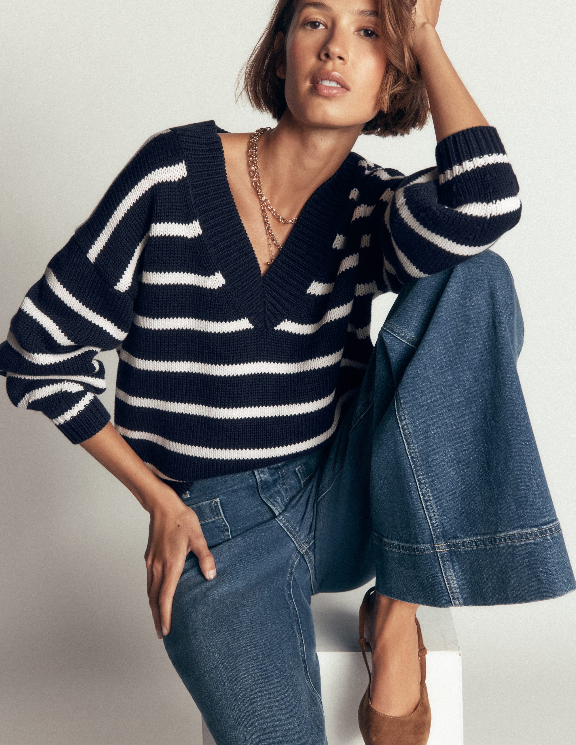 Lucy Cotton V-neck Sweater-Navy, Ivory - Image 1