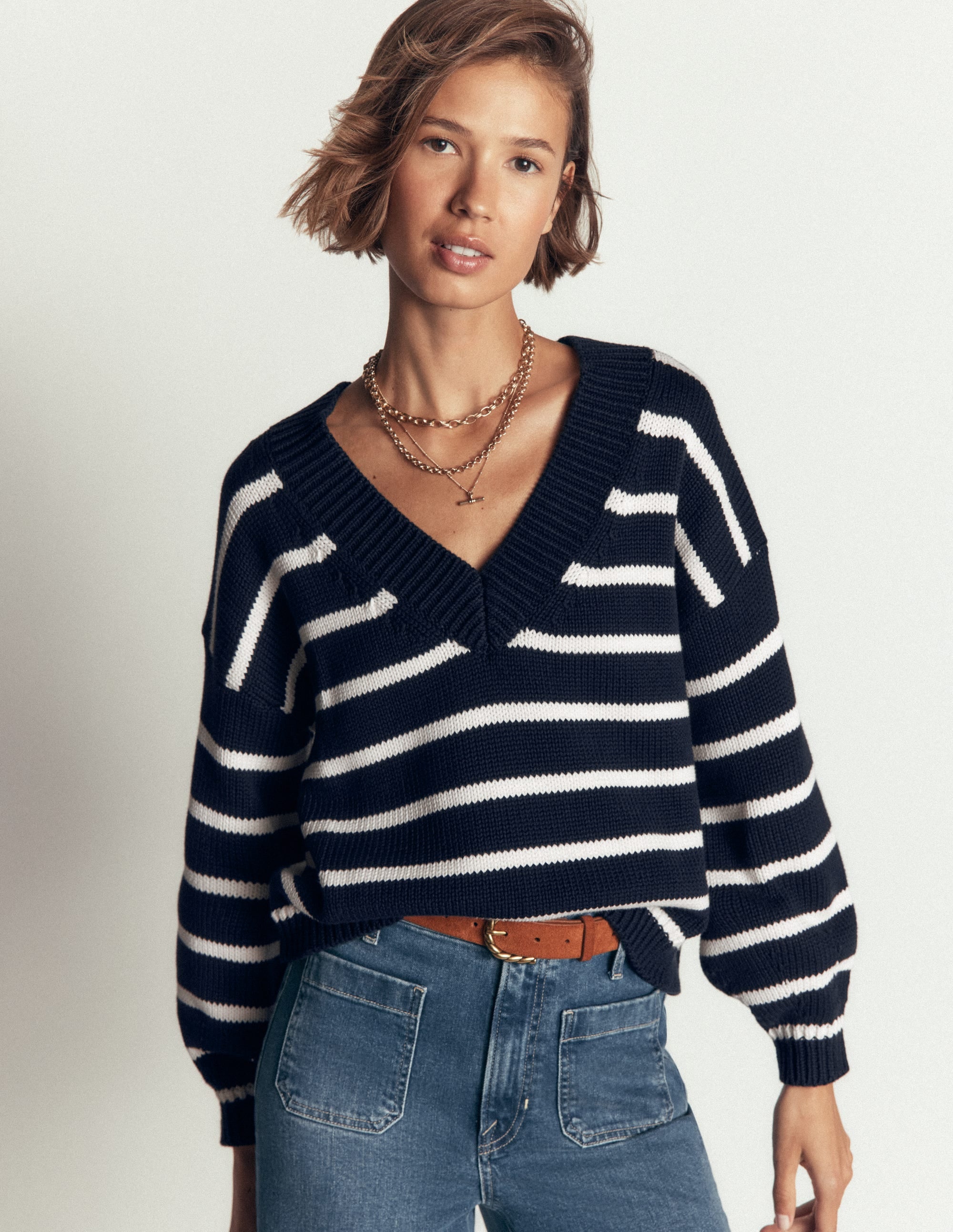 Lucy Cotton V-neck Sweater-Navy, Ivory - Image 2