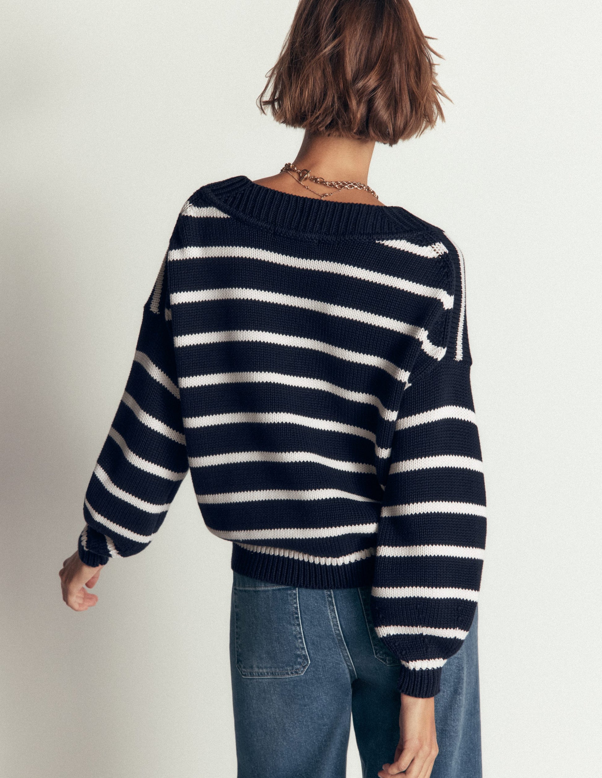 Lucy Cotton V-neck Sweater-Navy, Ivory-3
