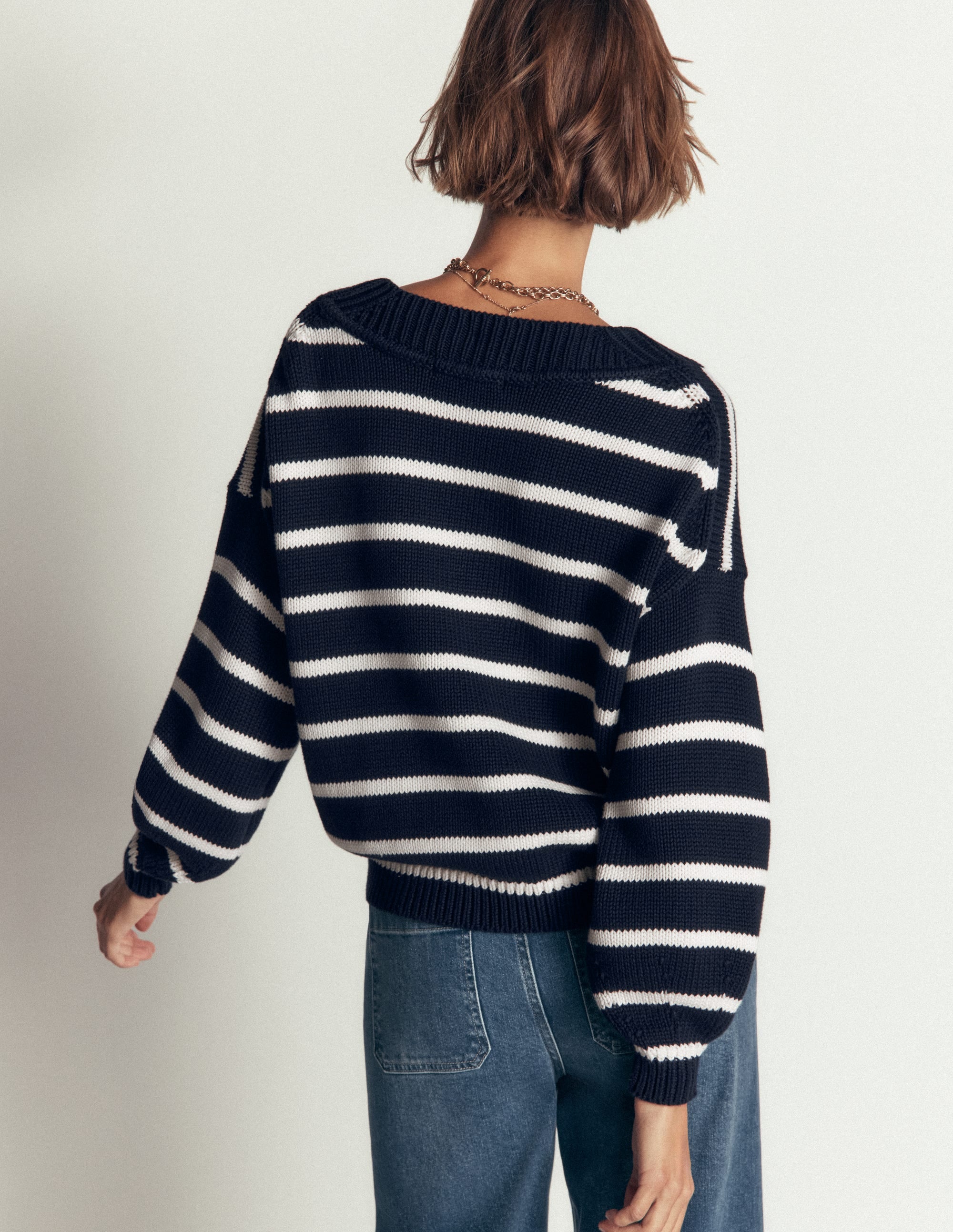 Lucy Cotton V-neck Sweater-Navy, Ivory - Image 3