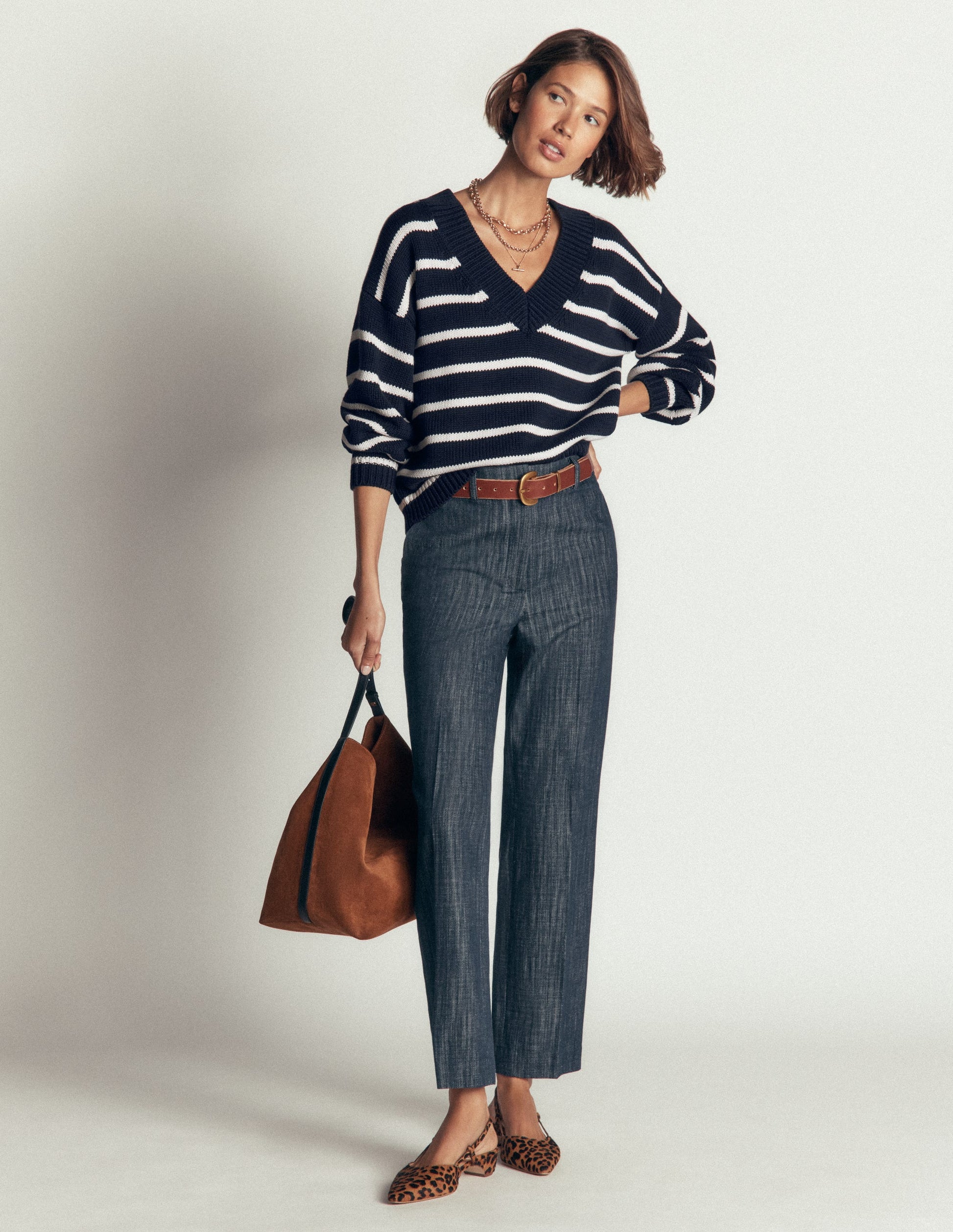 Lucy Cotton V-neck Sweater-Navy, Ivory-6