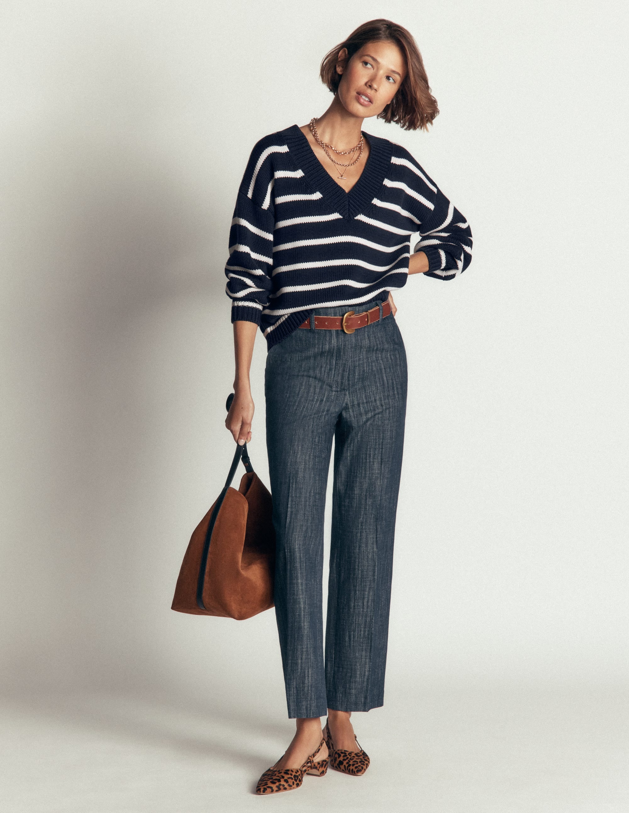 Lucy Cotton V-neck Sweater-Navy, Ivory - Image 6