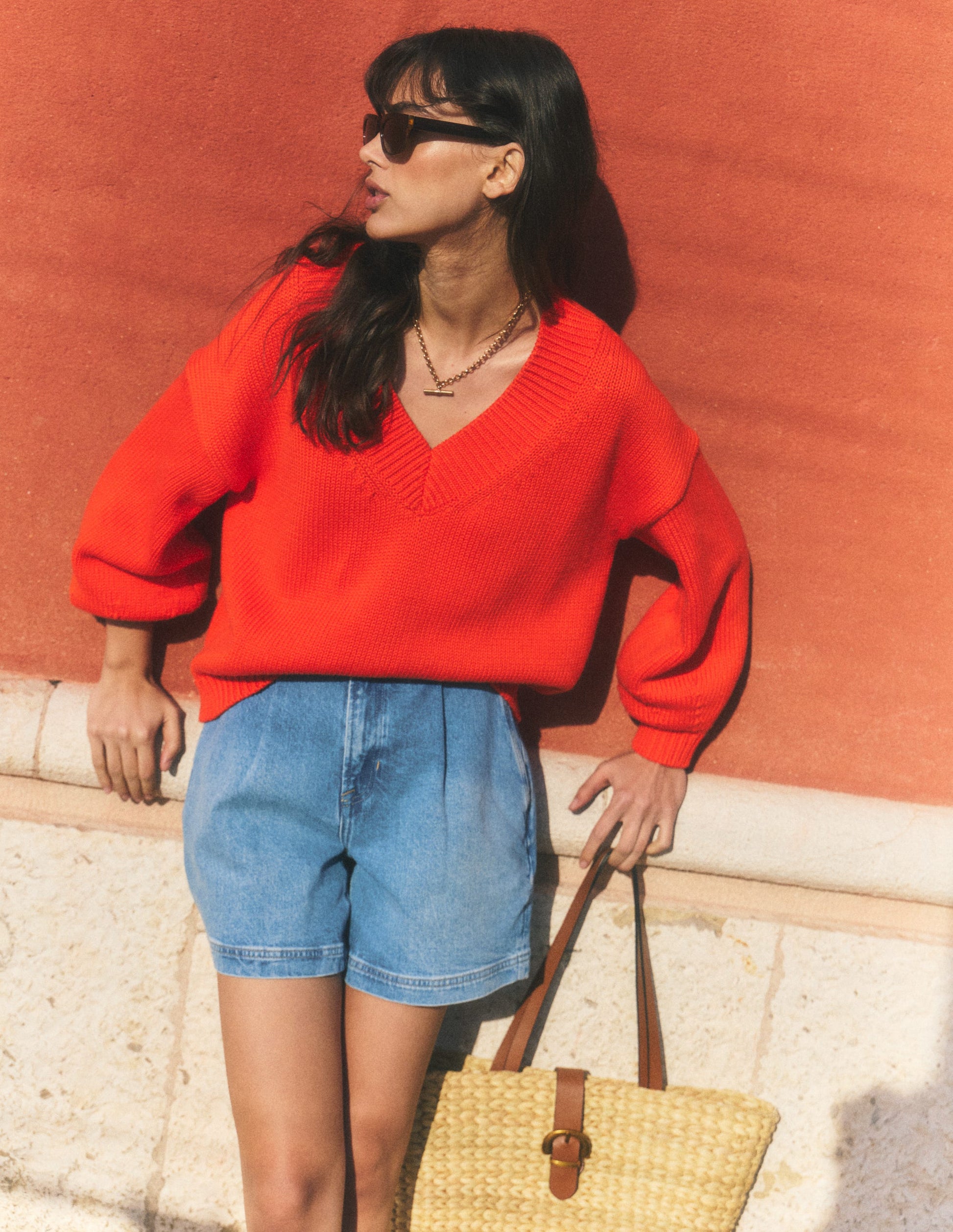 Lucy Cotton V-neck Sweater-Sunset Orange-1