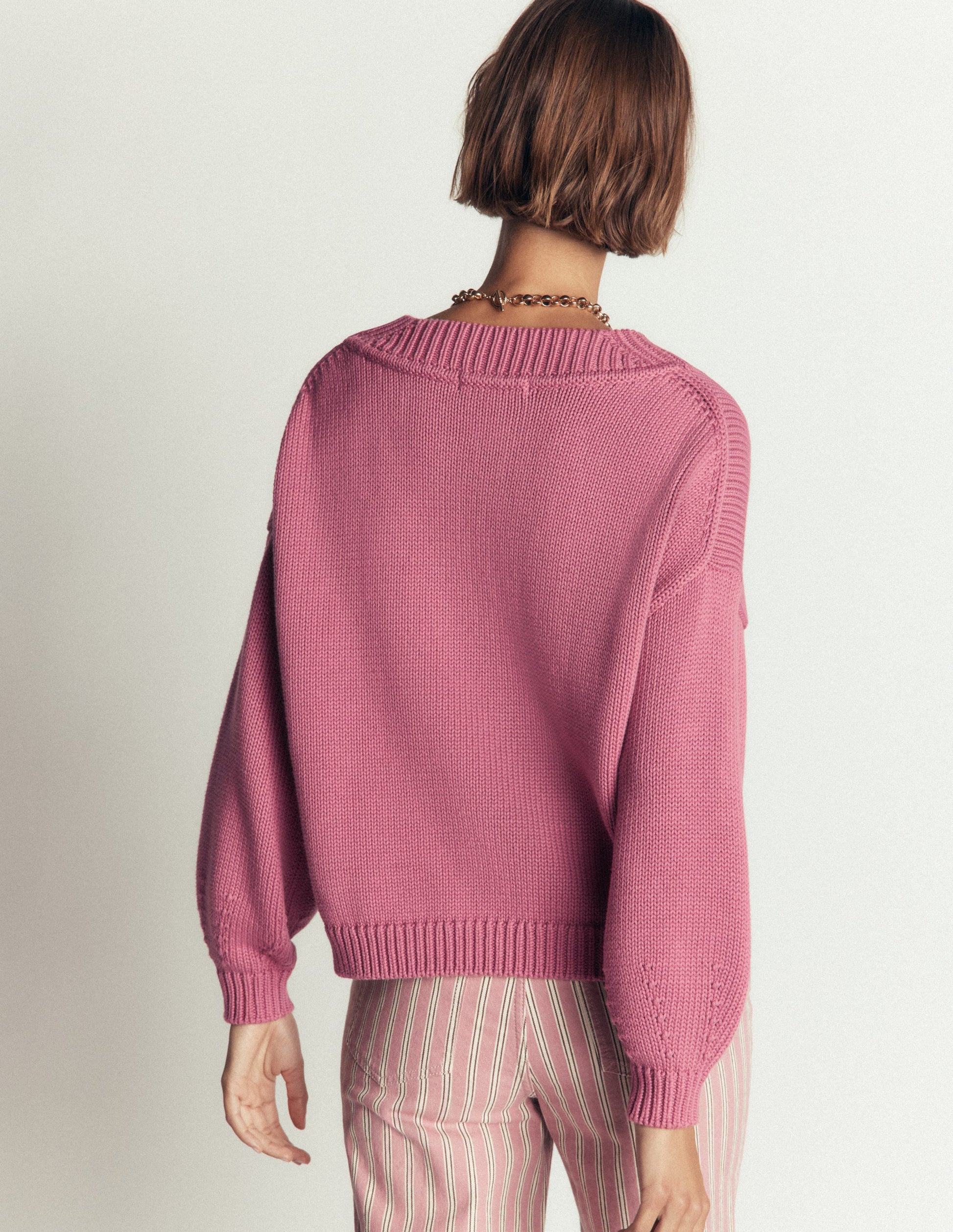 Lucy Cotton V-neck Sweater-Pink Heather-4