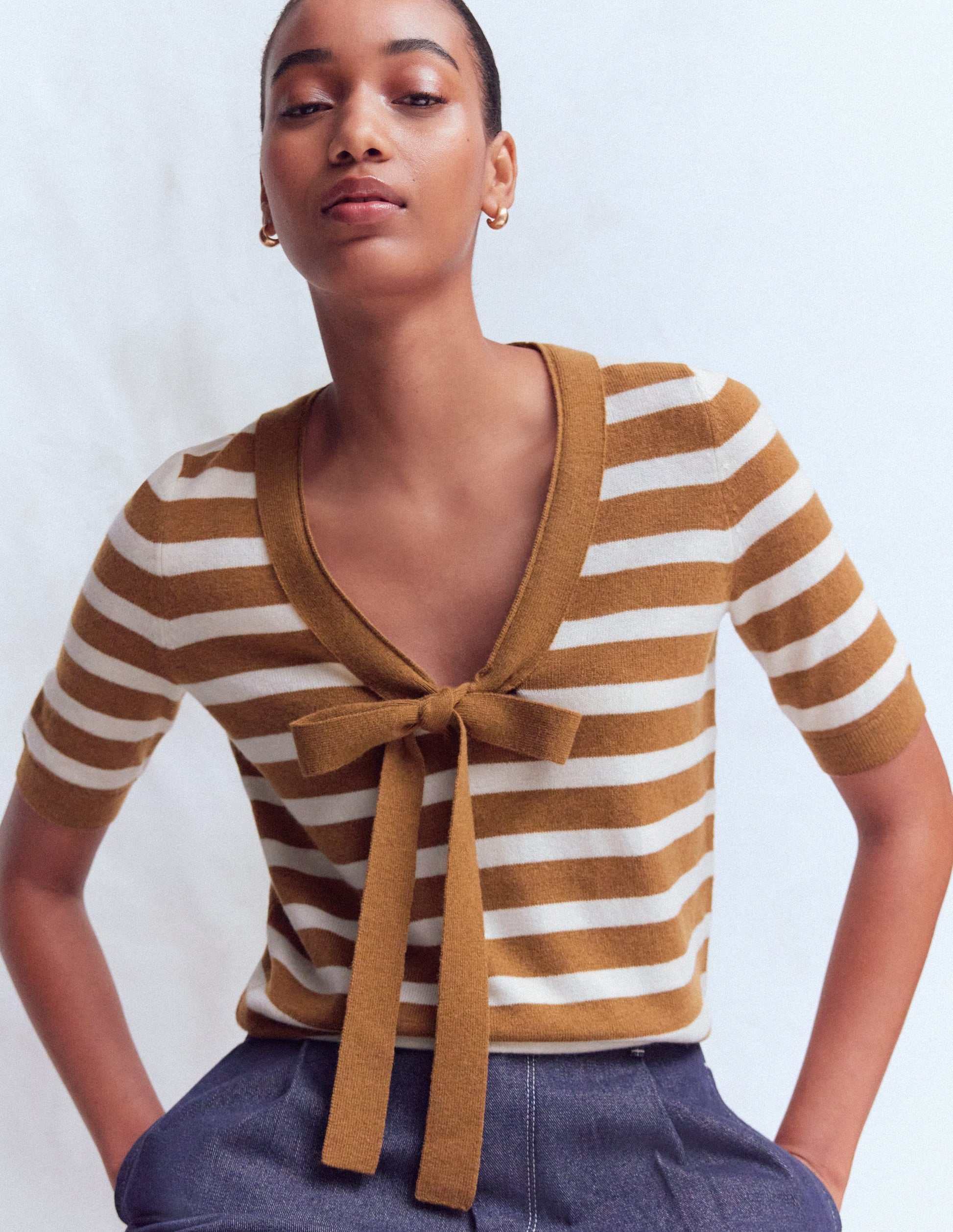 Bow Neck Knitted T-shirt-Gingerbread, Ivory Stripe-1