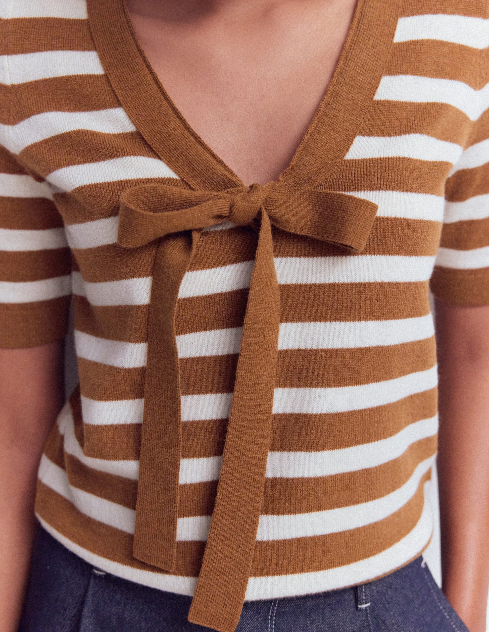 Bow Neck Knitted T-shirt-Gingerbread, Ivory Stripe-3