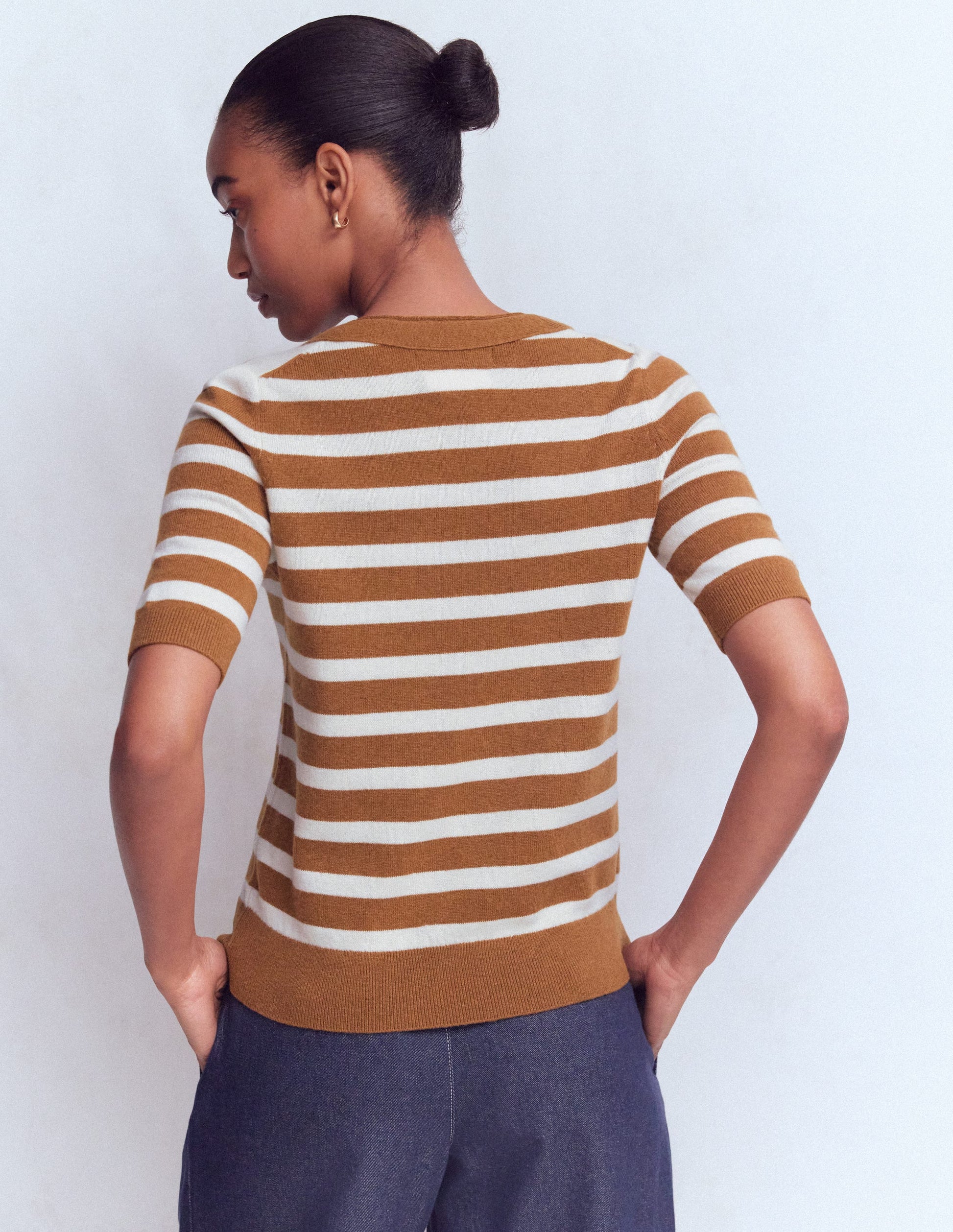 Bow Neck Knitted T-shirt-Gingerbread, Ivory Stripe-4