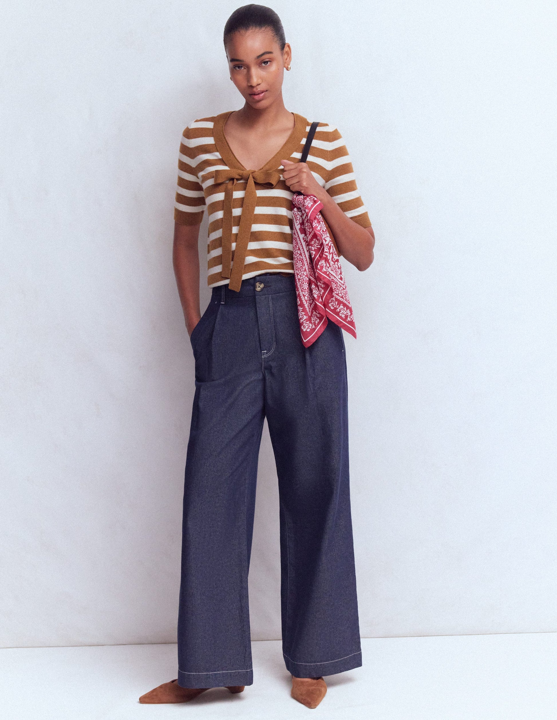 Bow Neck Knitted T-shirt-Gingerbread, Ivory Stripe-5
