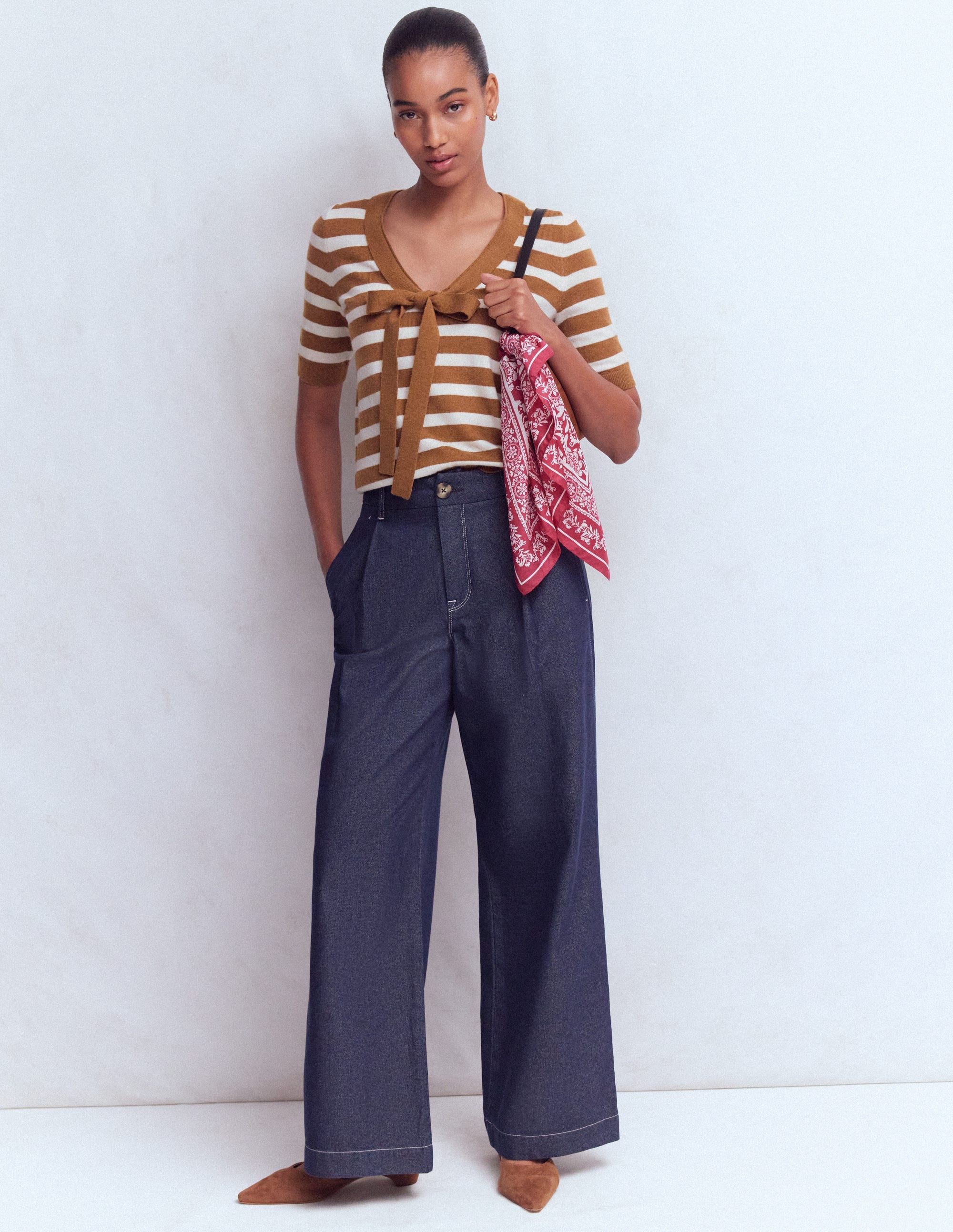 Bow Neck Knitted T-shirt-Gingerbread, Ivory Stripe - Image 4