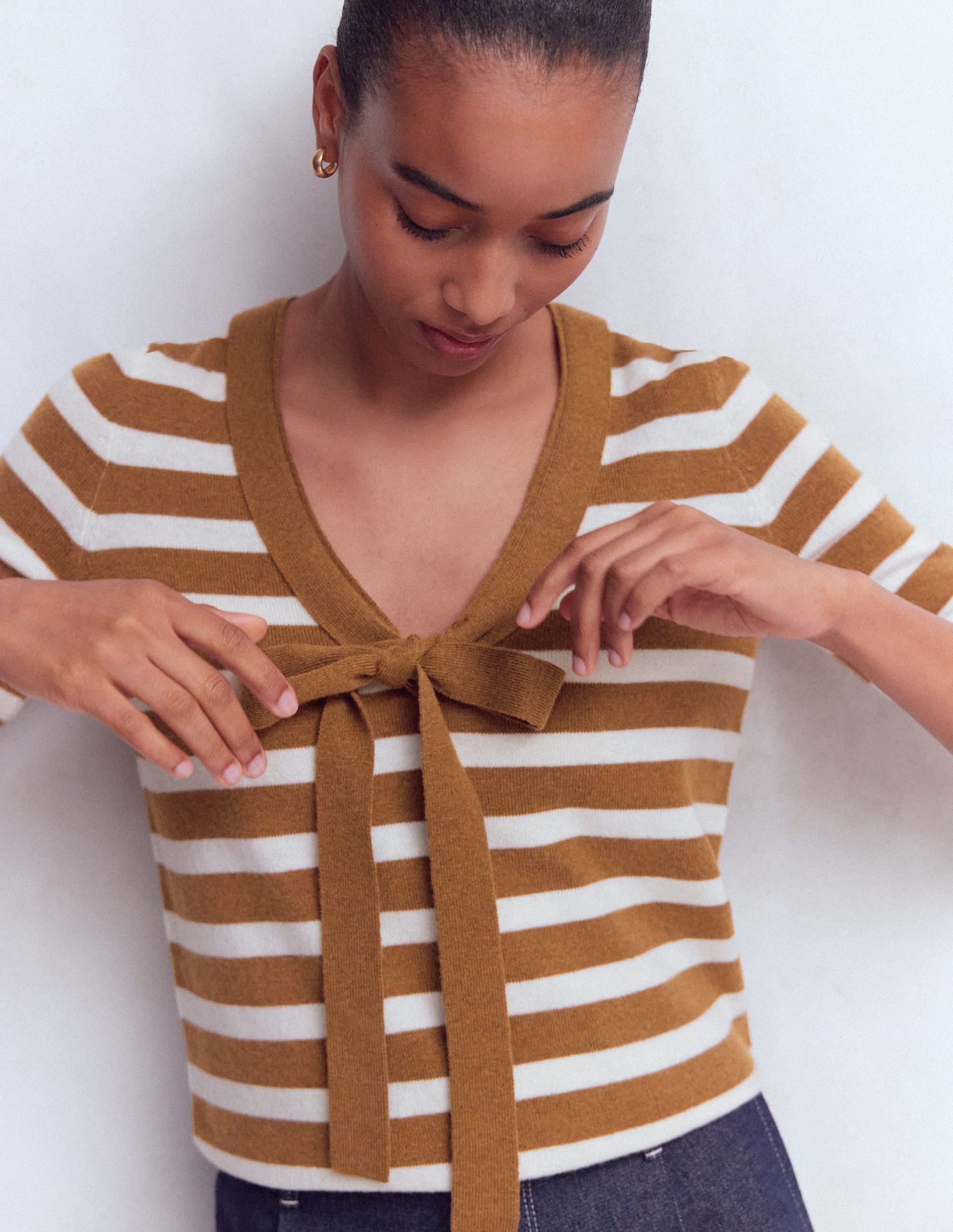 Bow Neck Knitted T-shirt-Gingerbread, Ivory Stripe - Image 5