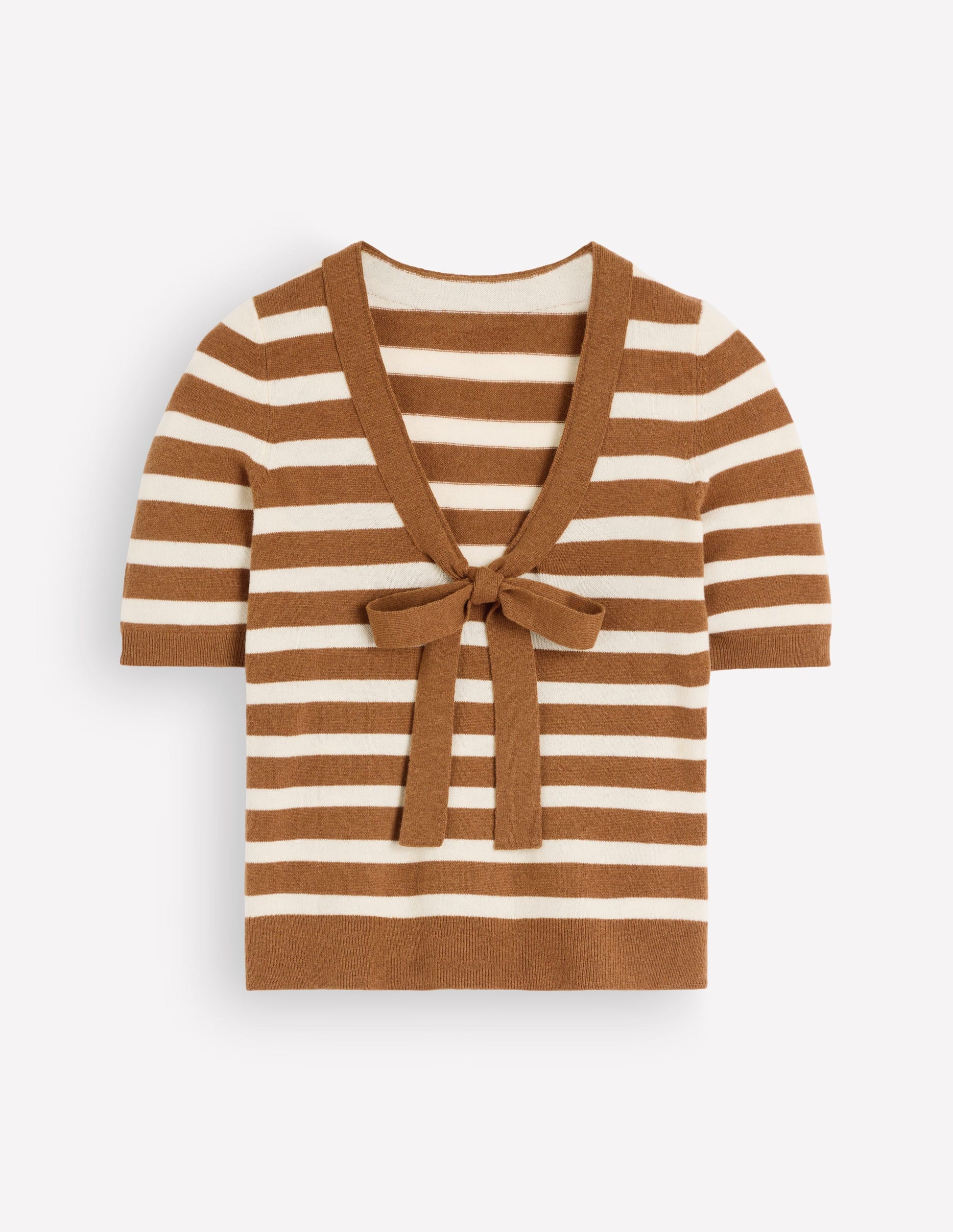 Bow Neck Knitted T-shirt-Gingerbread, Ivory Stripe-7