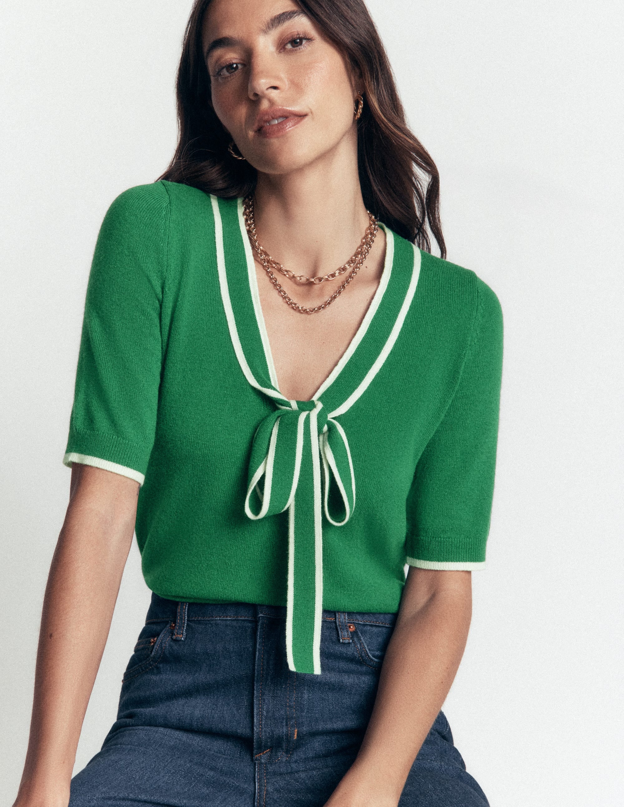 Bow Neck Knitted T-shirt-Fresh Green - Image 1