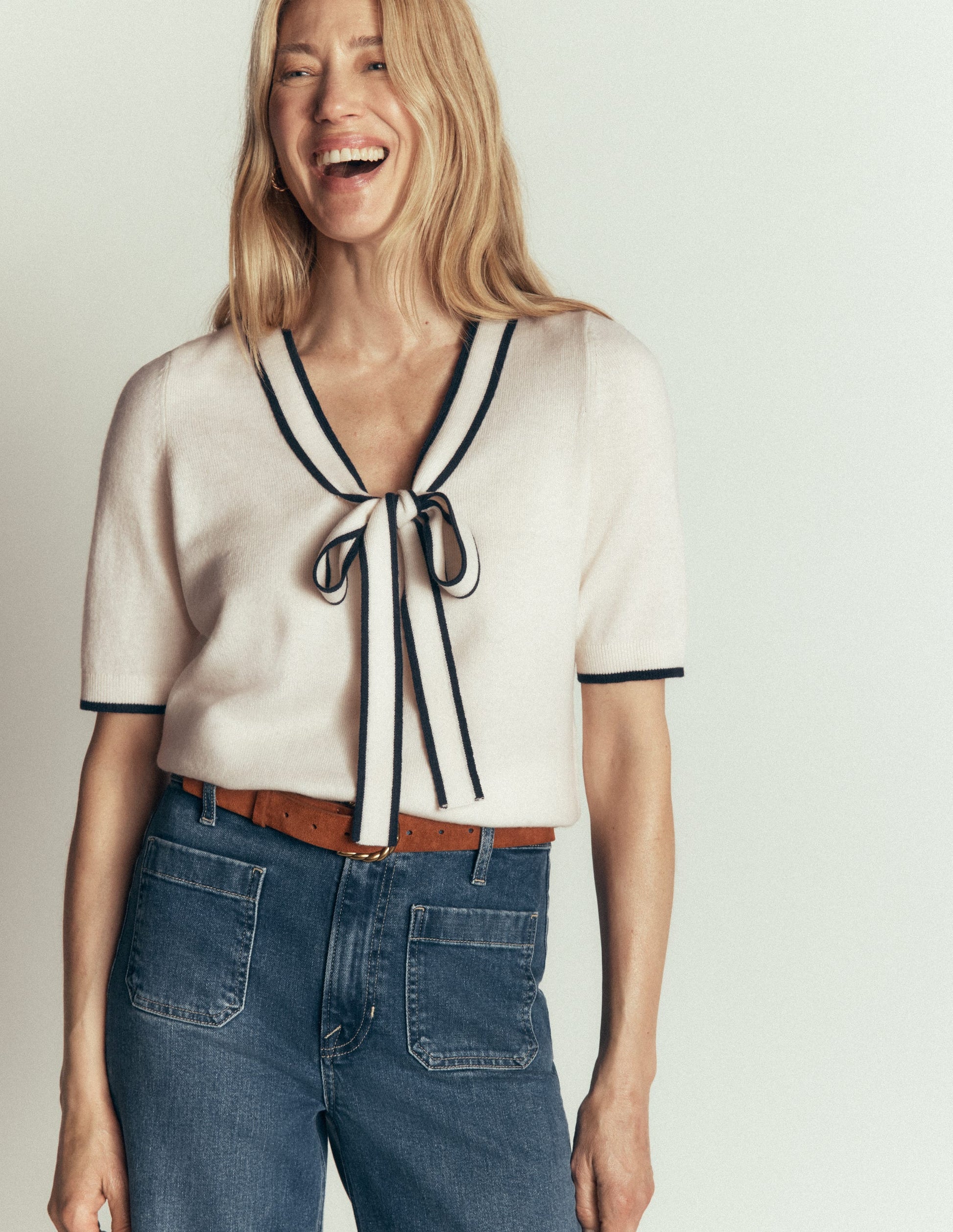 Bow Neck Knitted T-shirt-Ivory-1