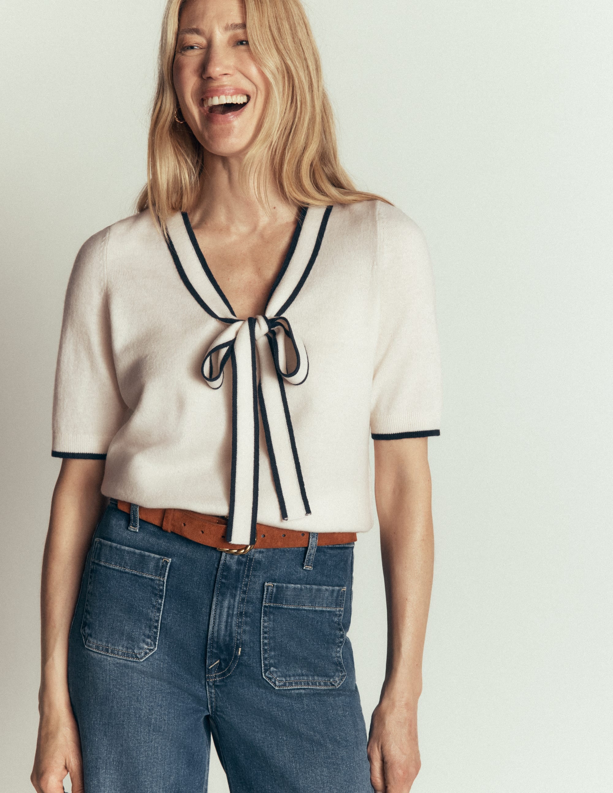 Bow Neck Knitted T-shirt-Ivory - Image 1