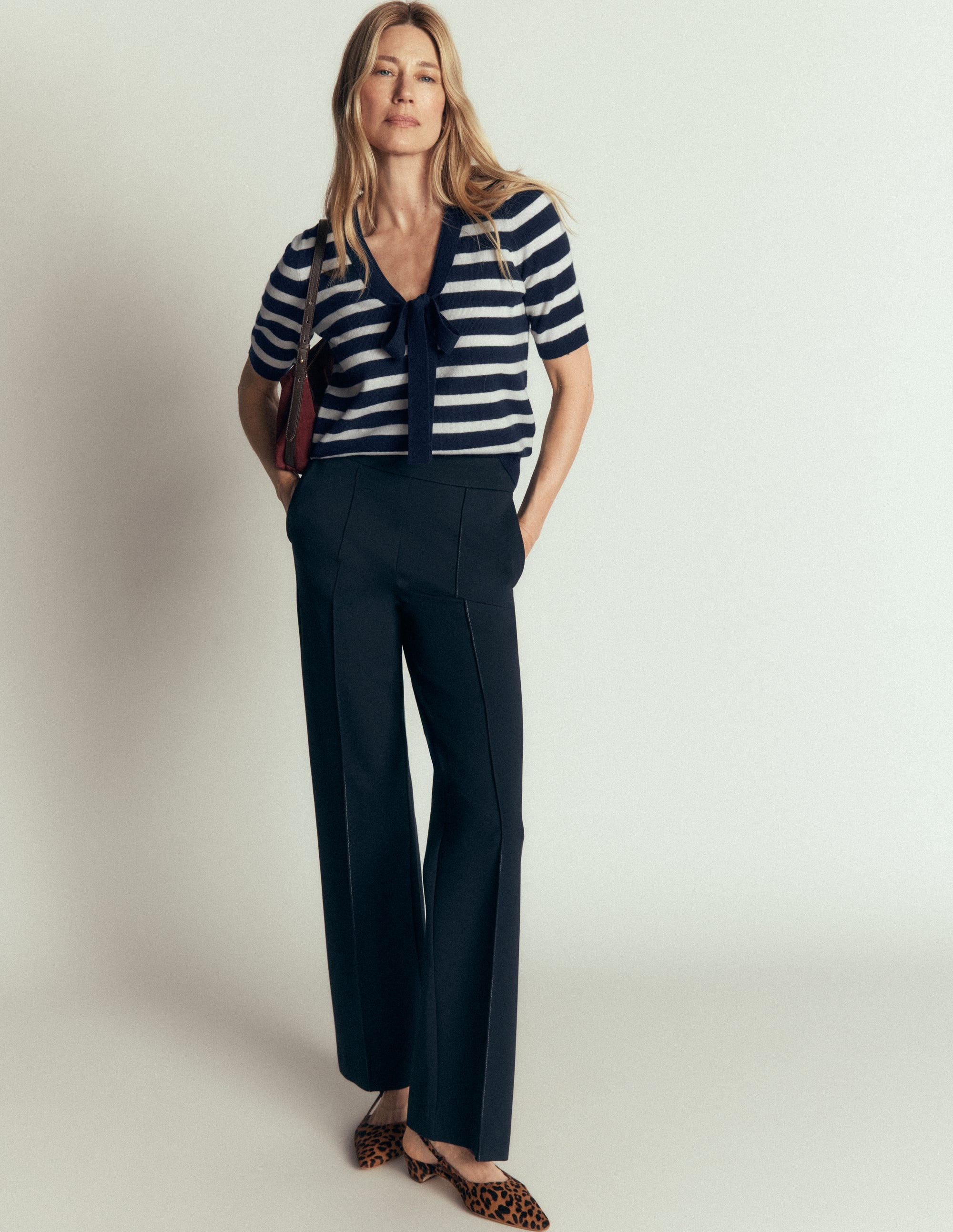 Bow Neck Knitted T - shirt - Navy, Ivory Stripe | Boden USA