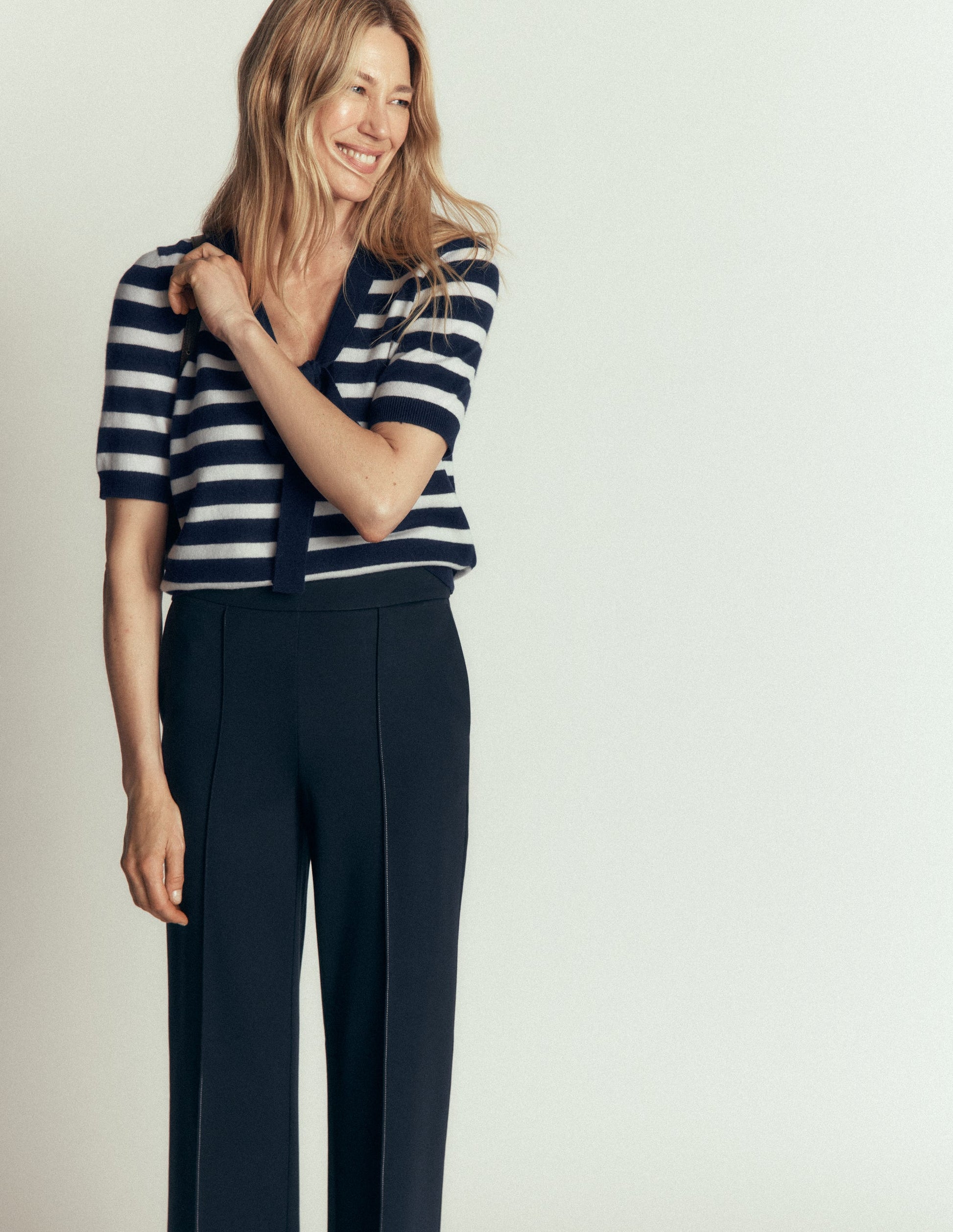 Bow Neck Knitted T-shirt-Navy, Ivory Stripe-5