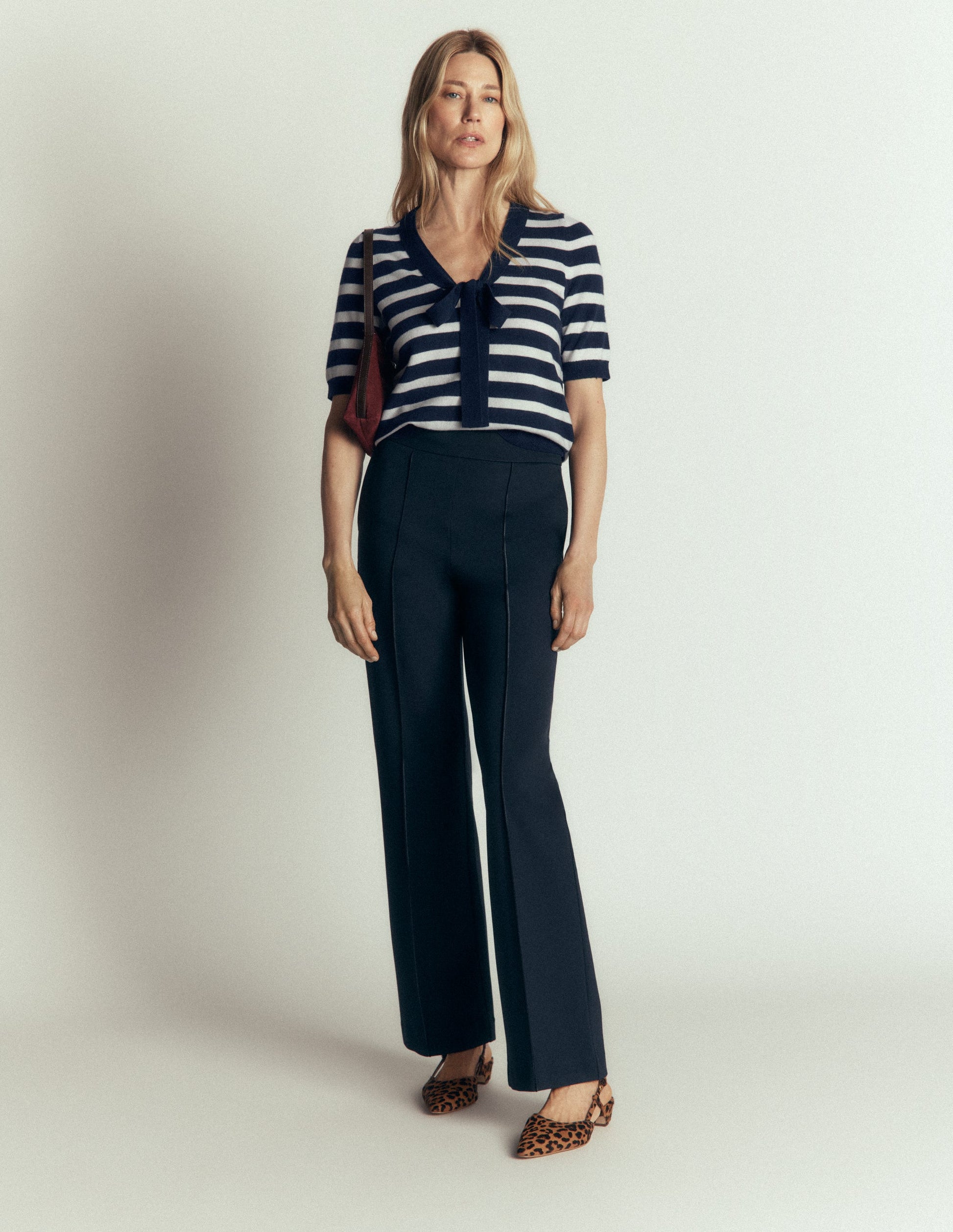 Bow Neck Knitted T-shirt-Navy, Ivory Stripe-6