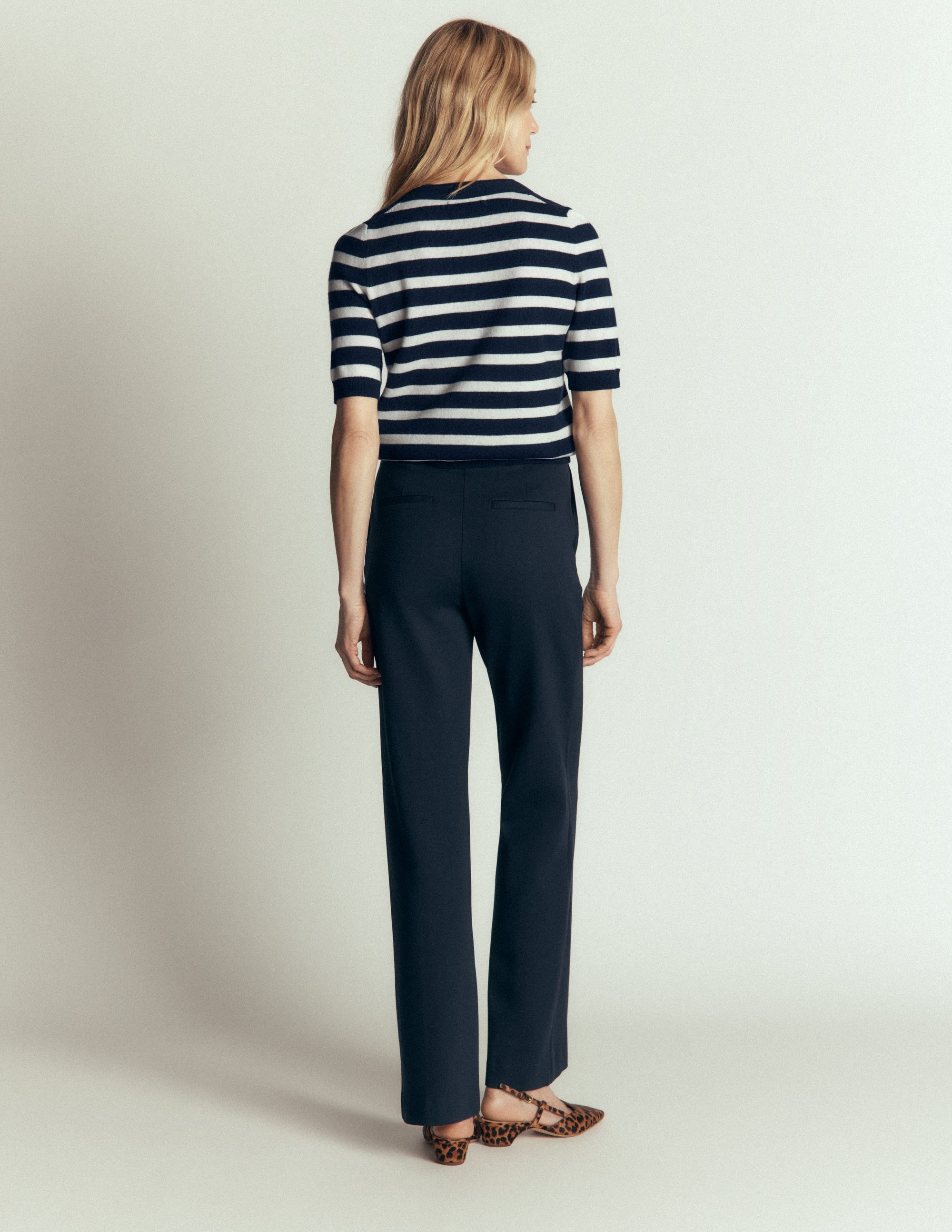 Bow Neck Knitted T-shirt-Navy, Ivory Stripe - Image 7
