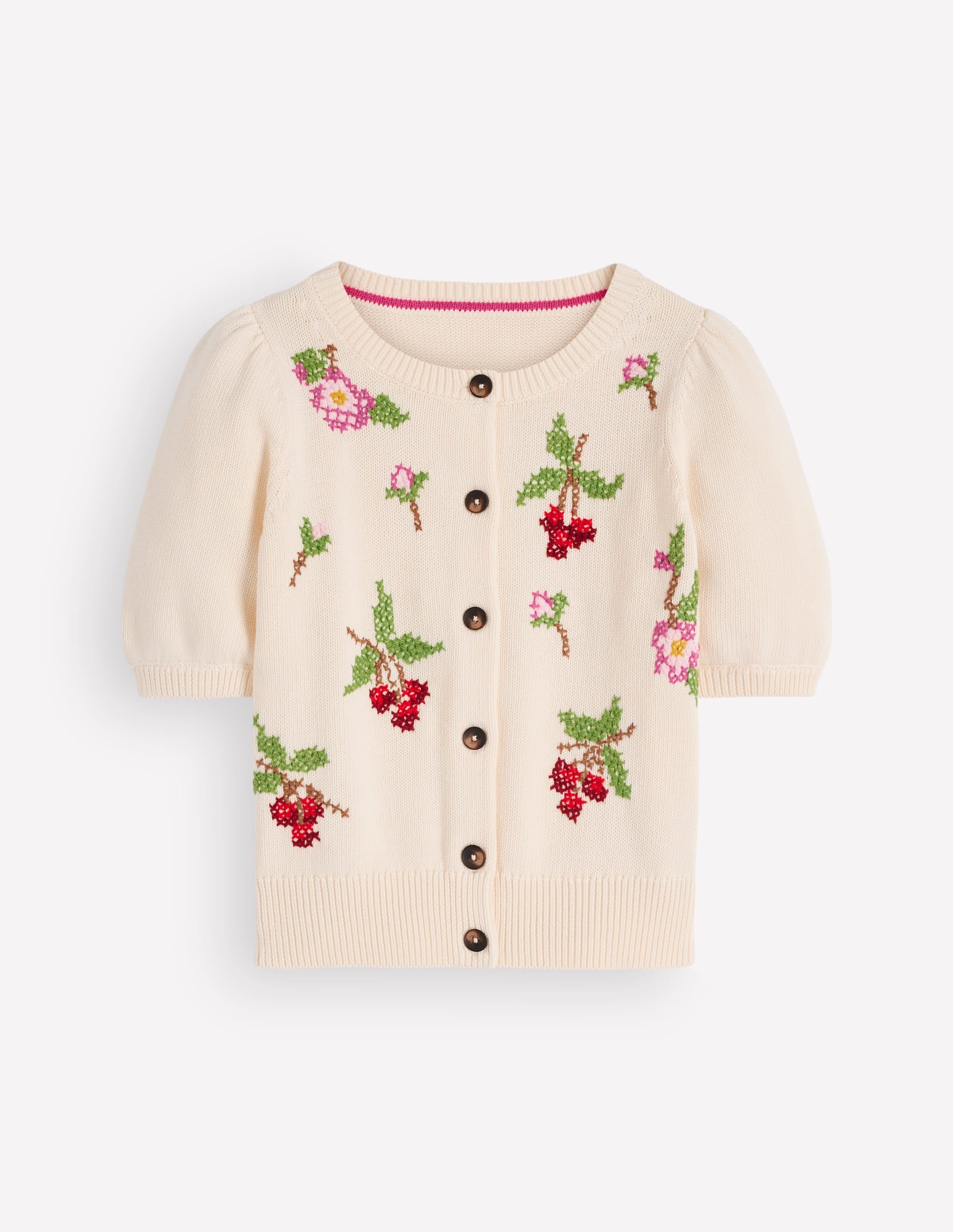 Puff Sleeve Cotton Cardigan-Warm Ivory, Embroidered - Image 6