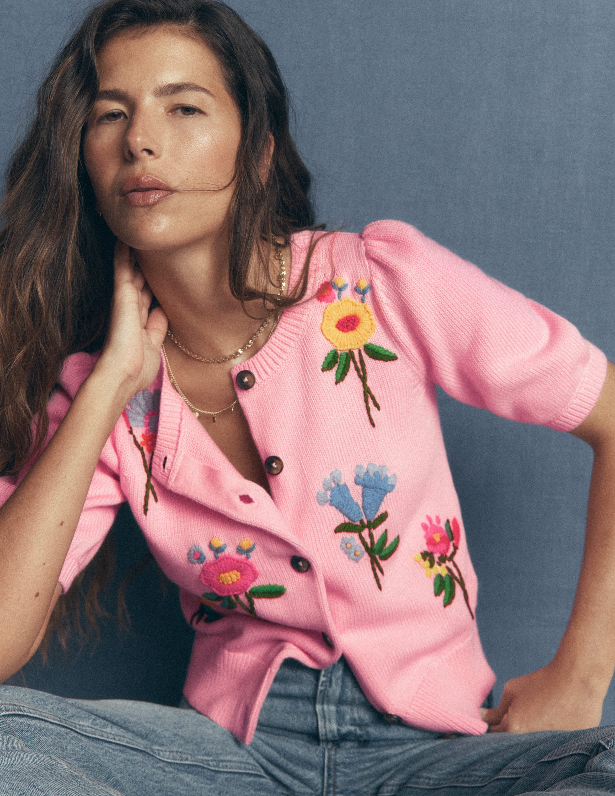 Puff Sleeve Cotton Cardigan-Blossom Pink, Embroidered - Image 2