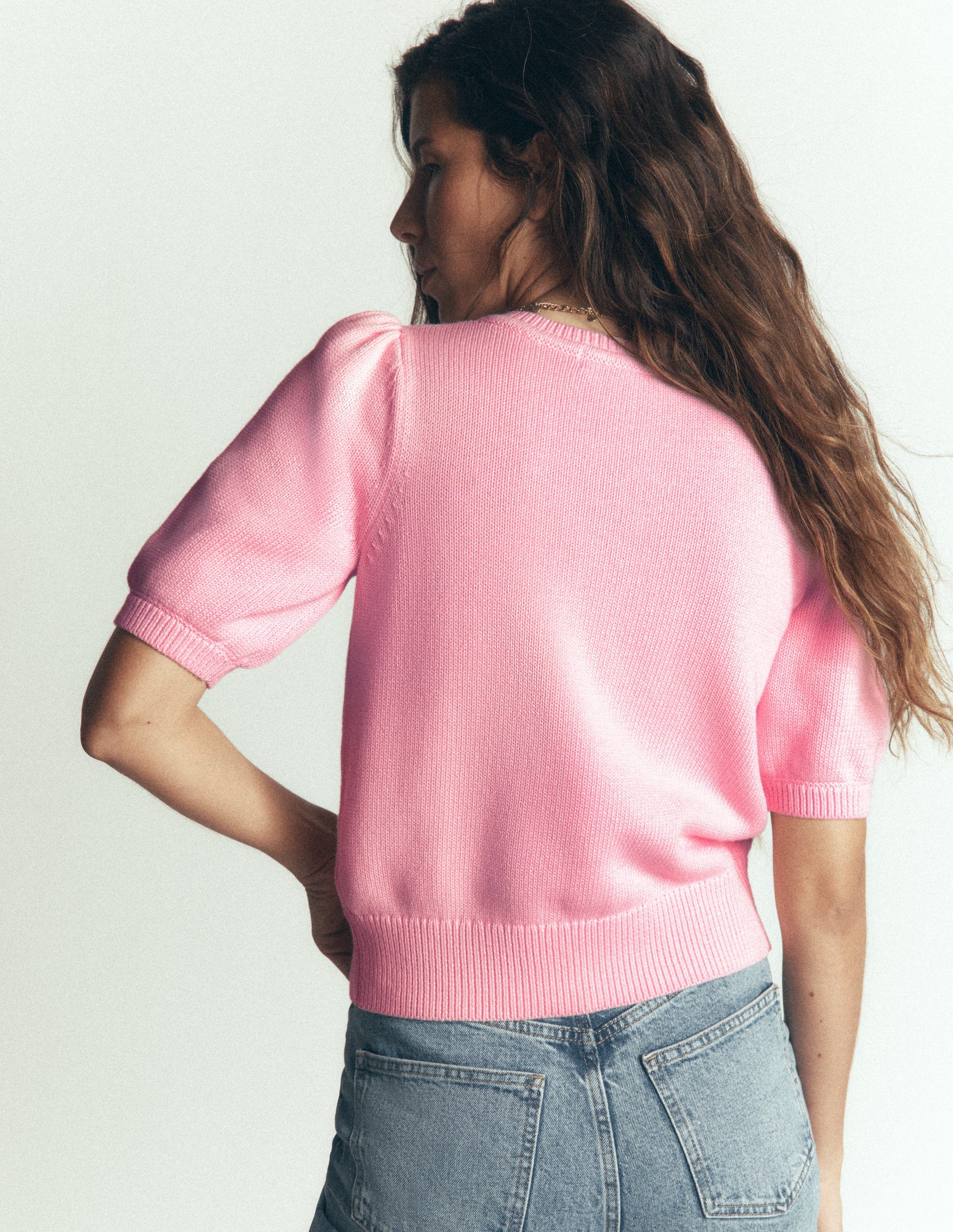 Puff Sleeve Cotton Cardigan-Blossom Pink, Embroidered-5